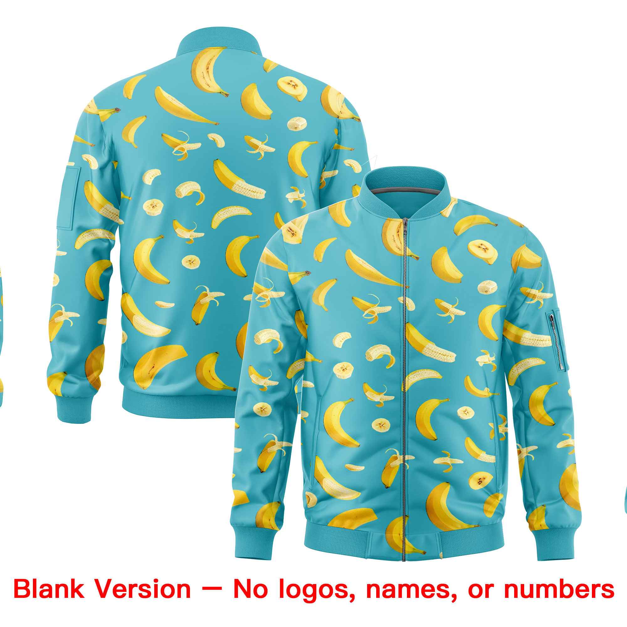Custom Sky Blue Varsity Full-Zip Banana Pattern Letterman Bomber Jacket | Graffiti Pattern | Embroidery&Dye-sublimation printing | KXKSHOP