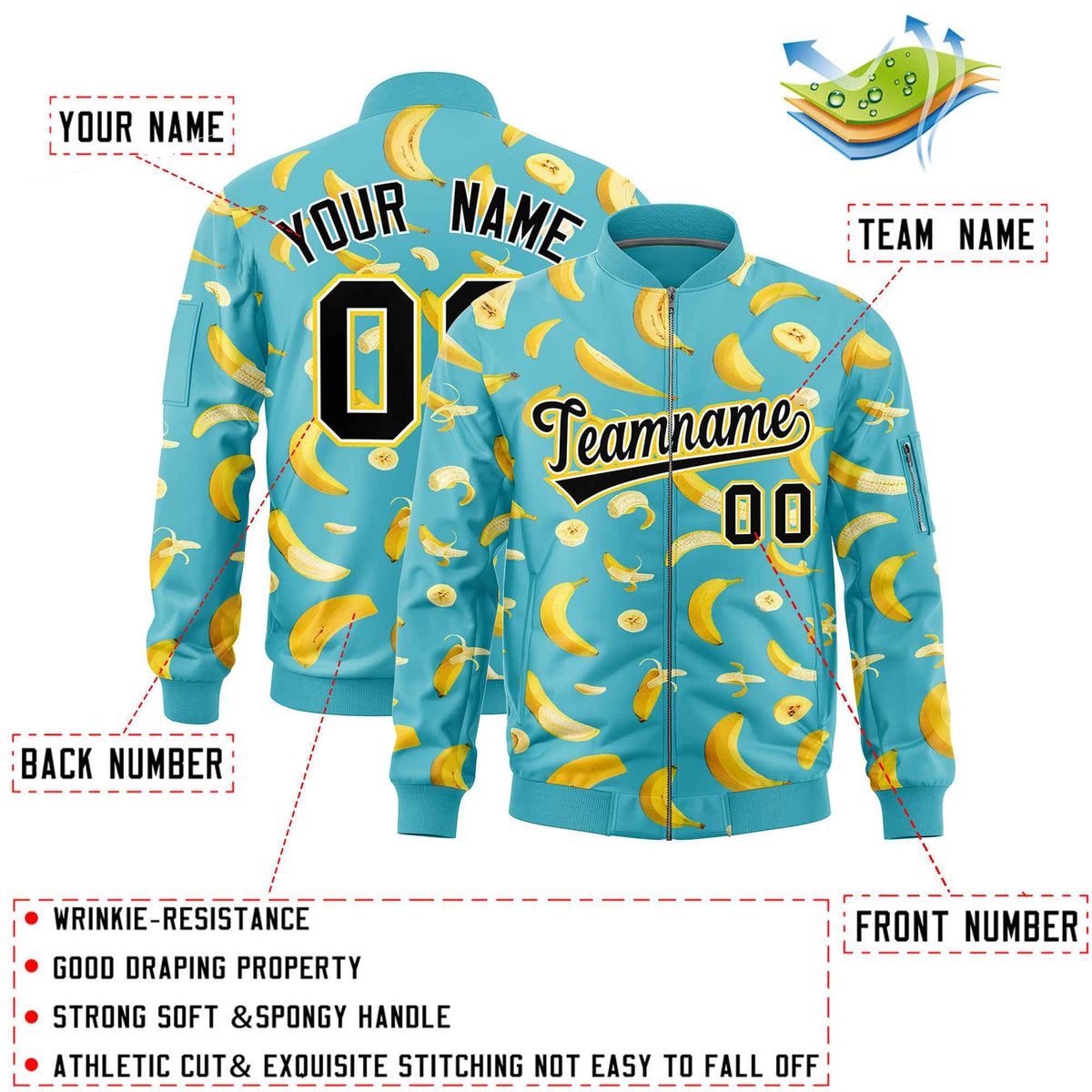 Custom Sky Blue Varsity Full-Zip Banana Pattern Letterman Bomber Jacket | Graffiti Pattern | Embroidery&amp;Dye-sublimation printing | KXKSHOP