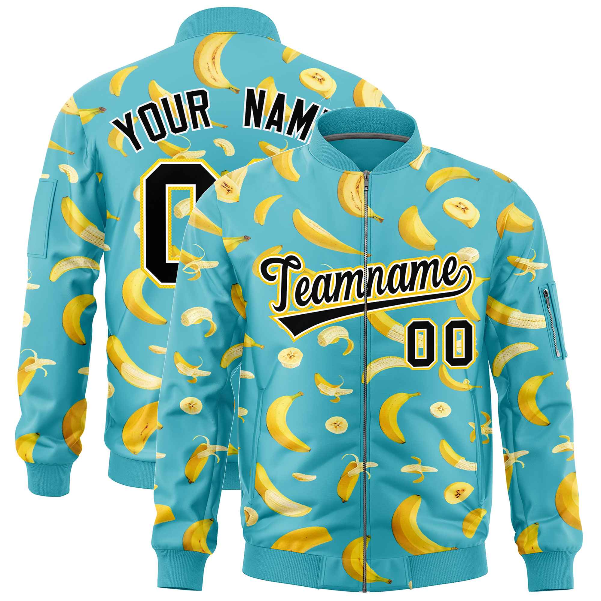 Custom Sky Blue Varsity Full-Zip Banana Pattern Letterman Bomber Jacket | Graffiti Pattern | Embroidery&Dye-sublimation printing | KXKSHOP