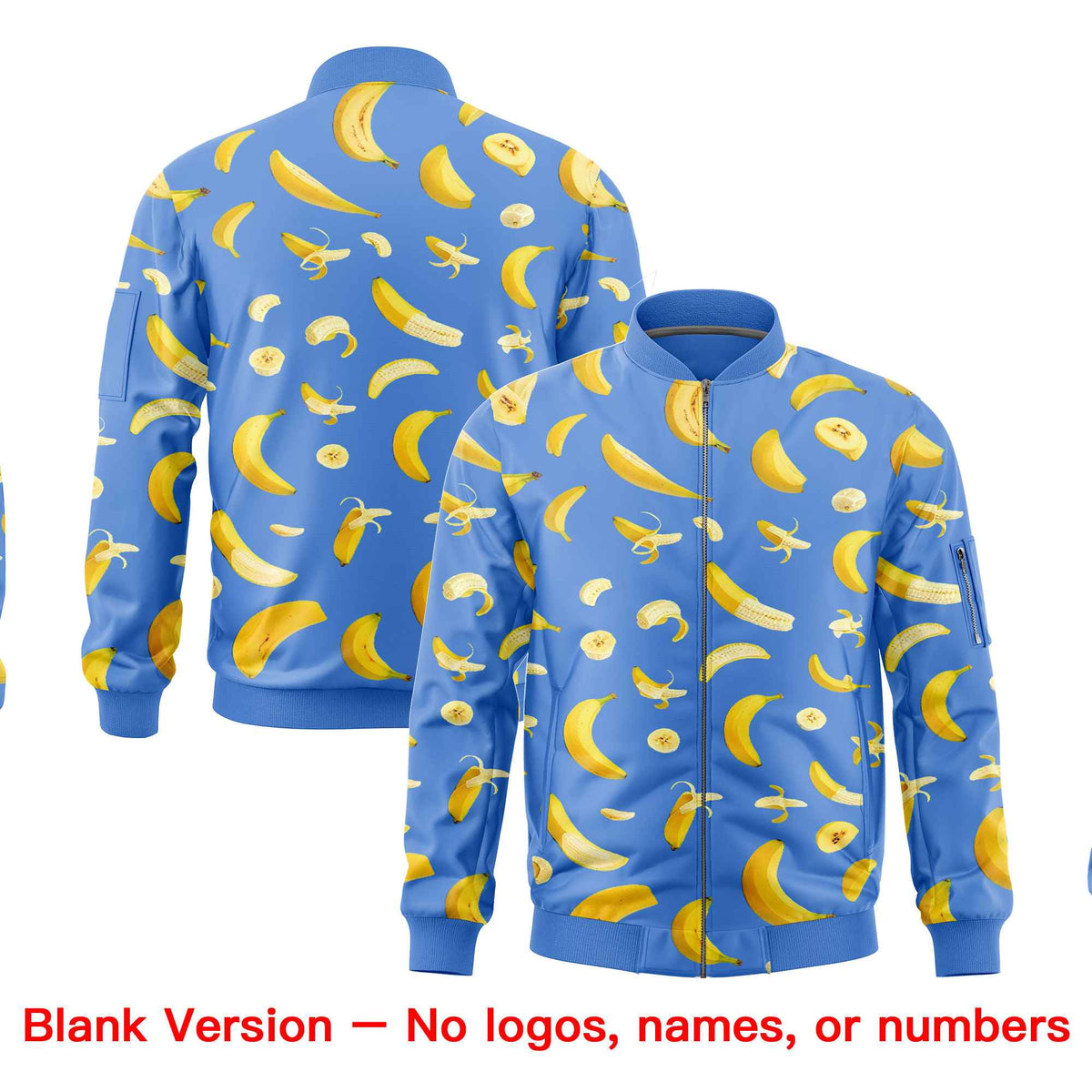 Custom Powder Blue Varsity Full-Zip Banana Pattern Letterman Bomber Jacket | Graffiti Pattern | Embroidery&amp;Dye-sublimation printing | KXKSHOP