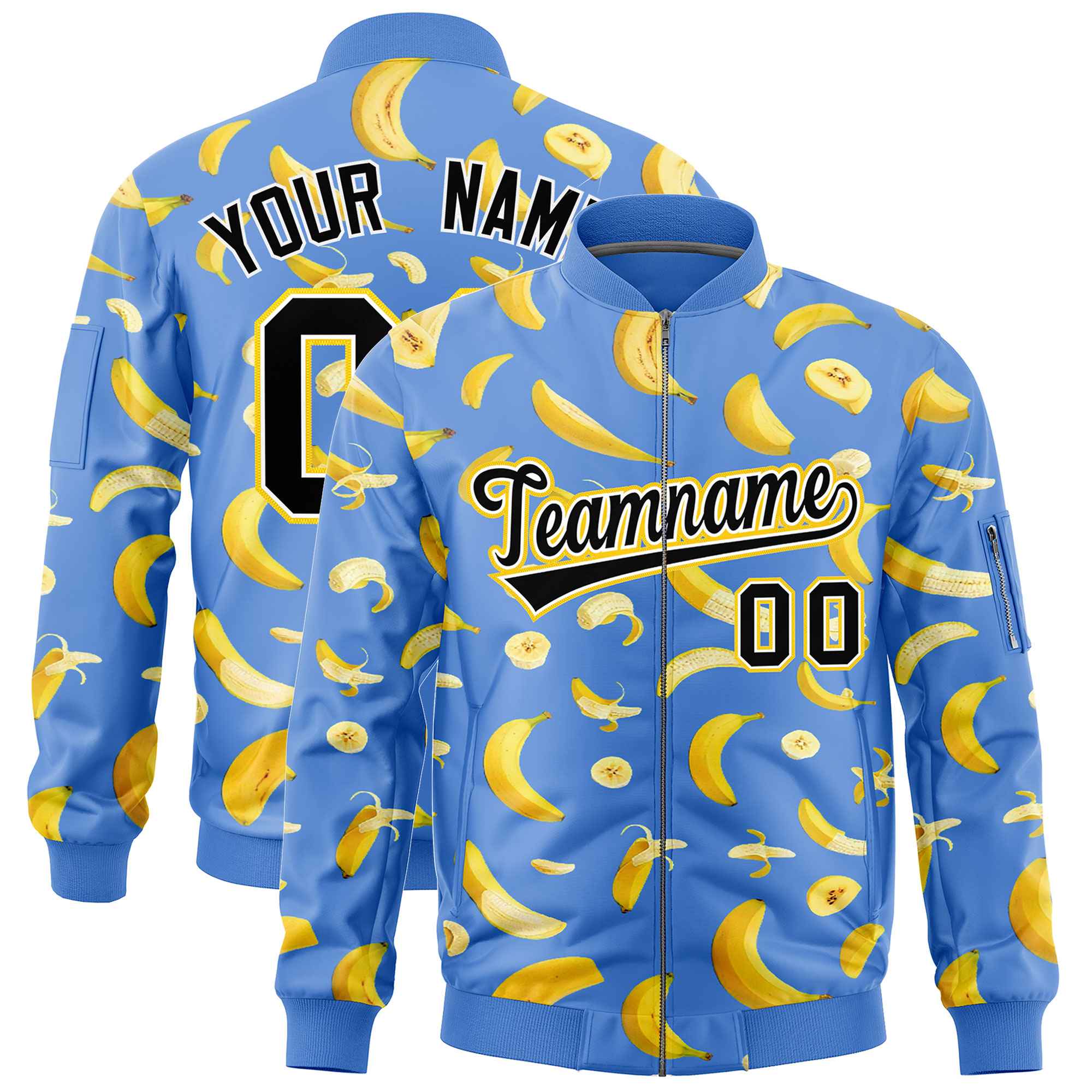 Custom Powder Blue Varsity Full-Zip Banana Pattern Letterman Bomber Jacket | Graffiti Pattern | Embroidery&Dye-sublimation printing | KXKSHOP