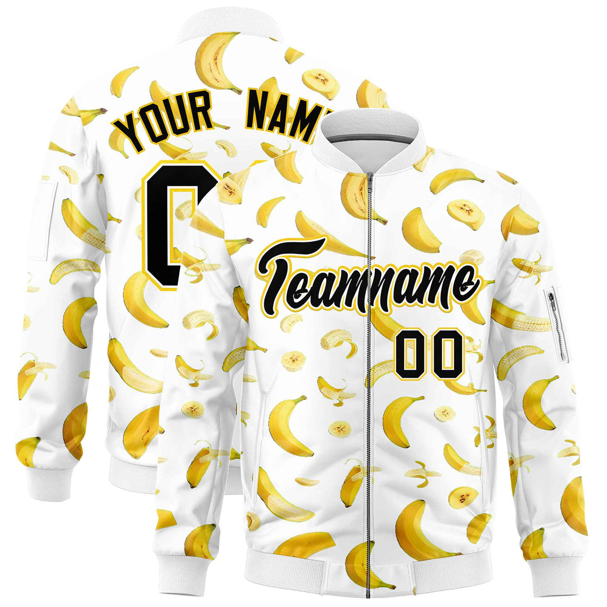 Custom White Varsity Full-Zip Banana Pattern Letterman Bomber Jacket | Graffiti Pattern | Embroidery&amp;Dye-sublimation printing | KXKSHOP