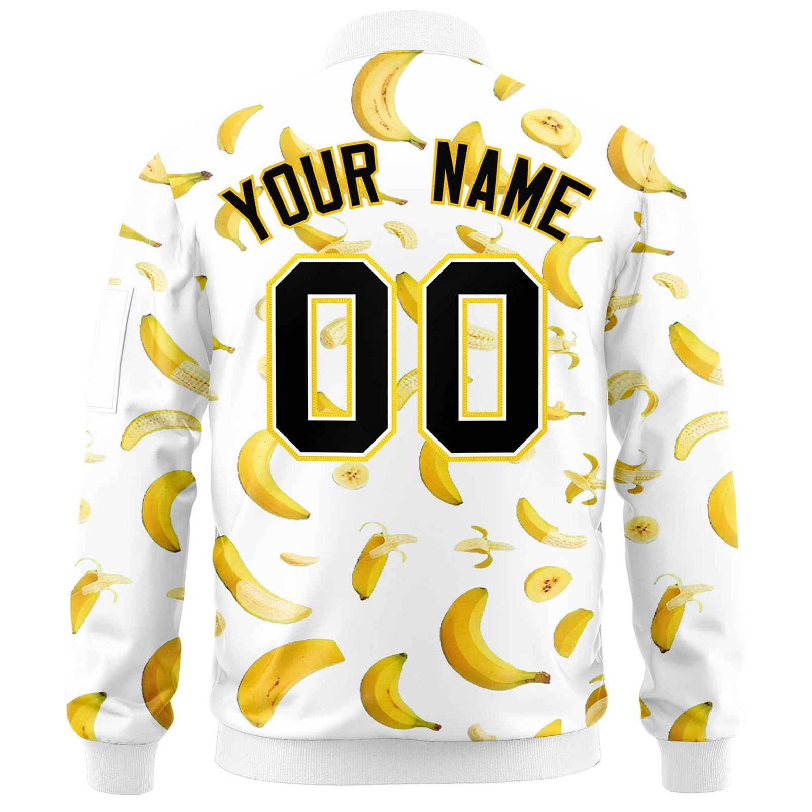 Custom White Varsity Full-Zip Banana Pattern Letterman Bomber Jacket | Graffiti Pattern | Embroidery&Dye-sublimation printing | KXKSHOP