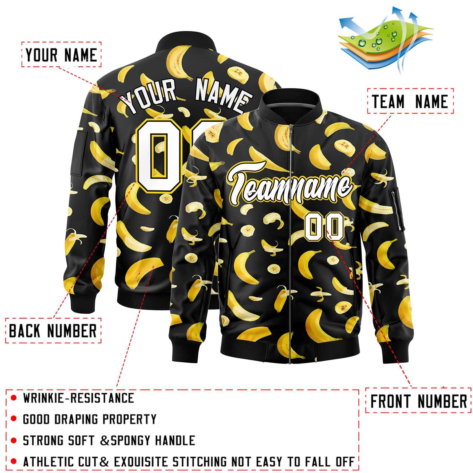 Custom Black Varsity Full-Zip Banana Pattern Letterman Bomber Jacket | Graffiti Pattern | Embroidery&Dye-sublimation printing | KXKSHOP