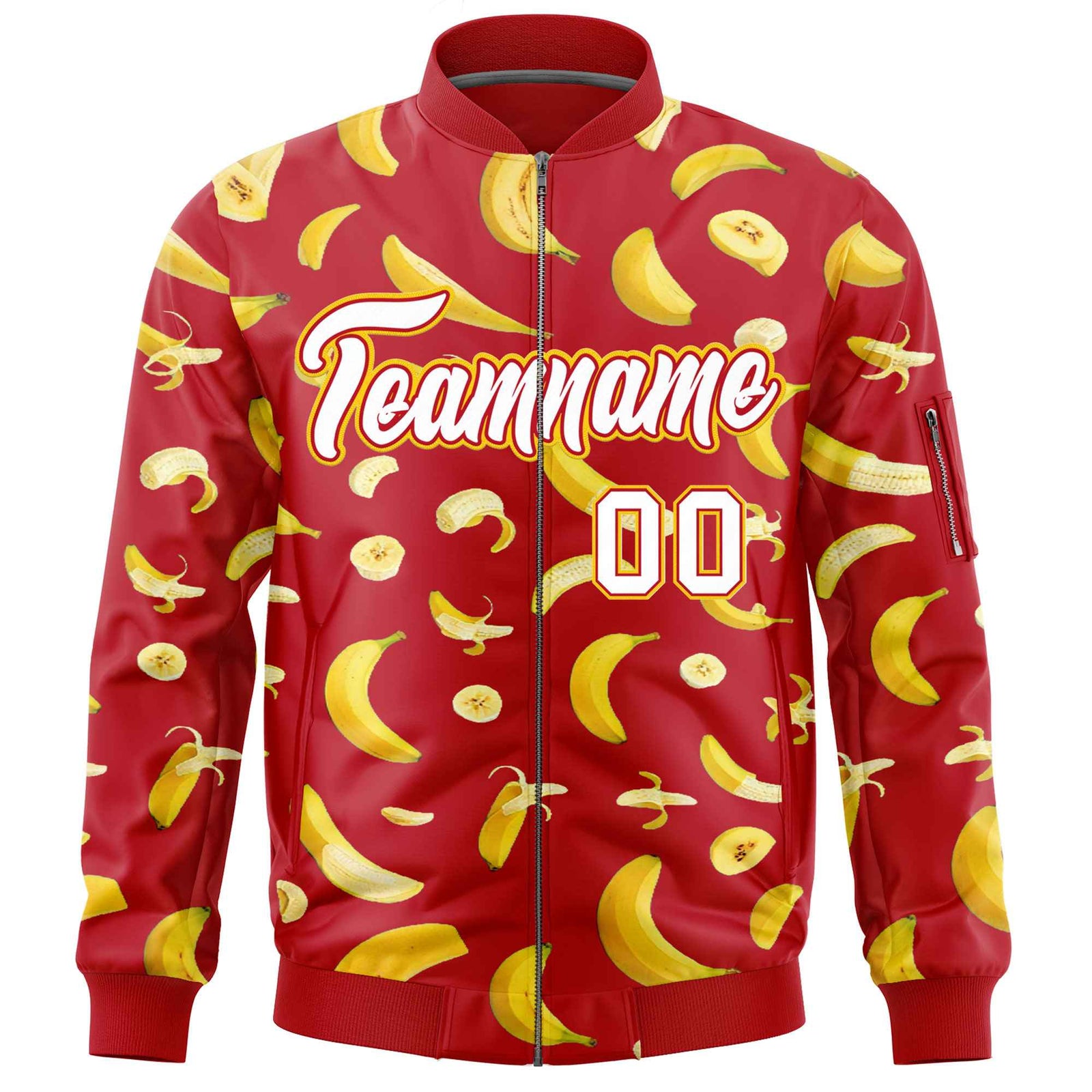 Custom Red Varsity Full-Zip Banana Pattern Letterman Bomber Jacket | Graffiti Pattern | Embroidery&Dye-sublimation printing | KXKSHOP