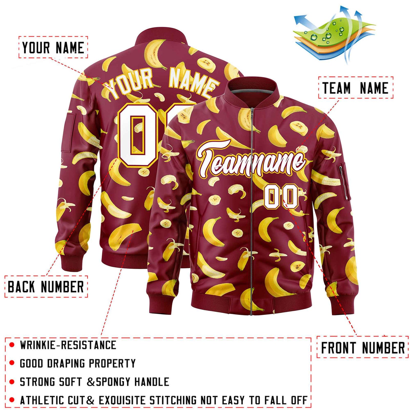Custom Crimson Varsity Full-Zip Banana Pattern Letterman Bomber Jacket | Graffiti Pattern | Embroidery&Dye-sublimation printing | KXKSHOP