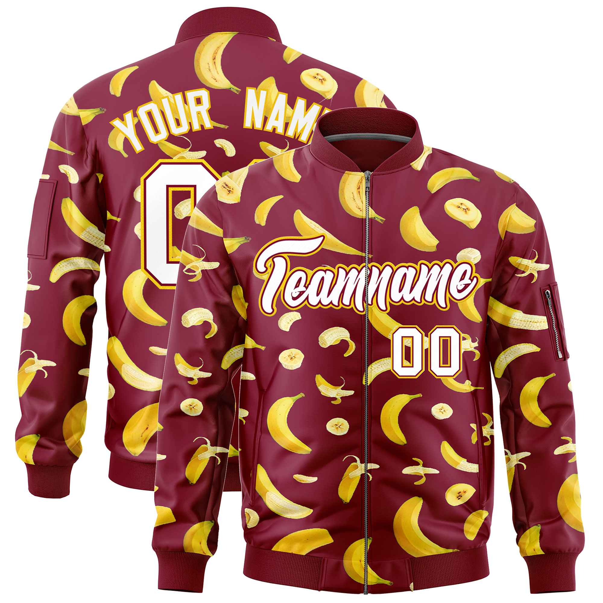 Custom Crimson Varsity Full-Zip Banana Pattern Letterman Bomber Jacket | Graffiti Pattern | Embroidery&Dye-sublimation printing | KXKSHOP