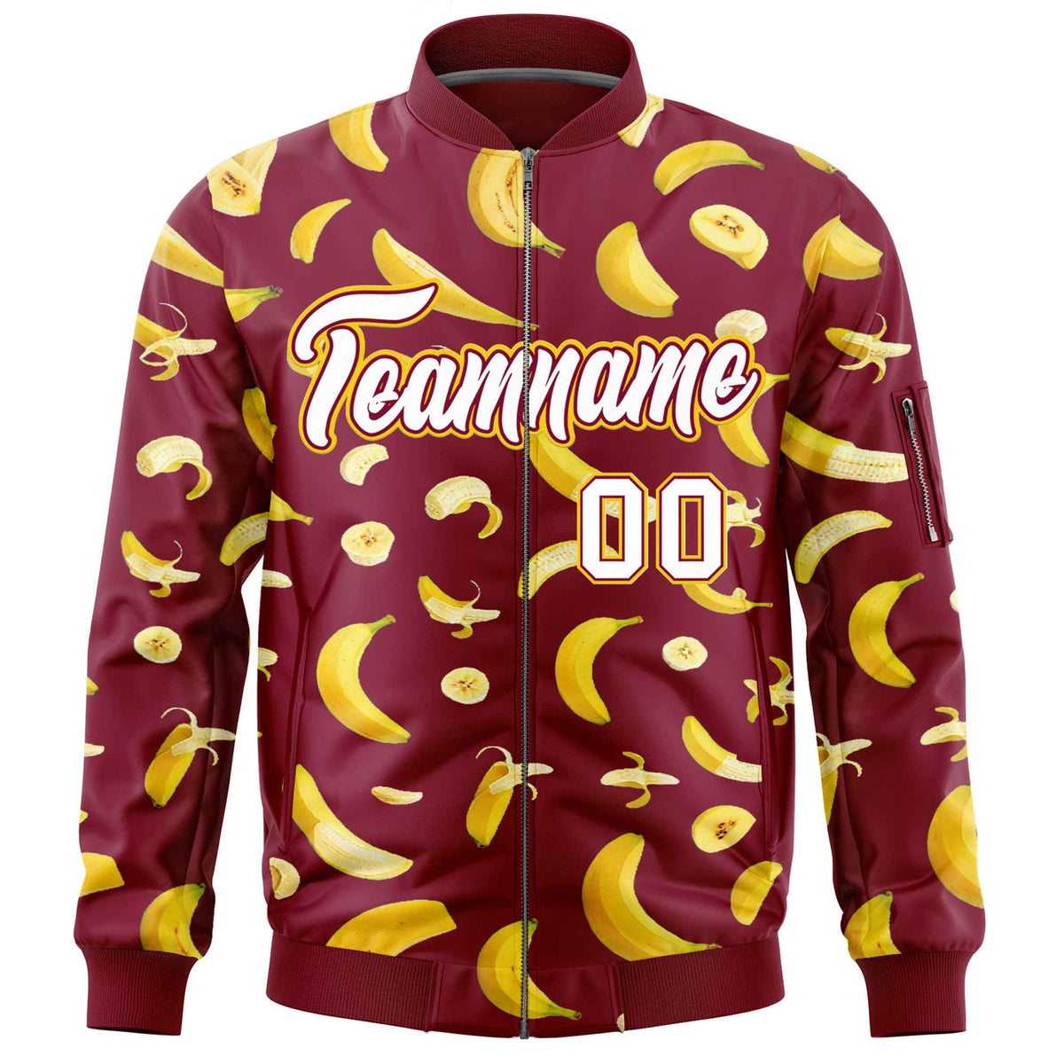 Custom Crimson Varsity Full-Zip Banana Pattern Letterman Bomber Jacket | Graffiti Pattern | Embroidery&amp;Dye-sublimation printing | KXKSHOP