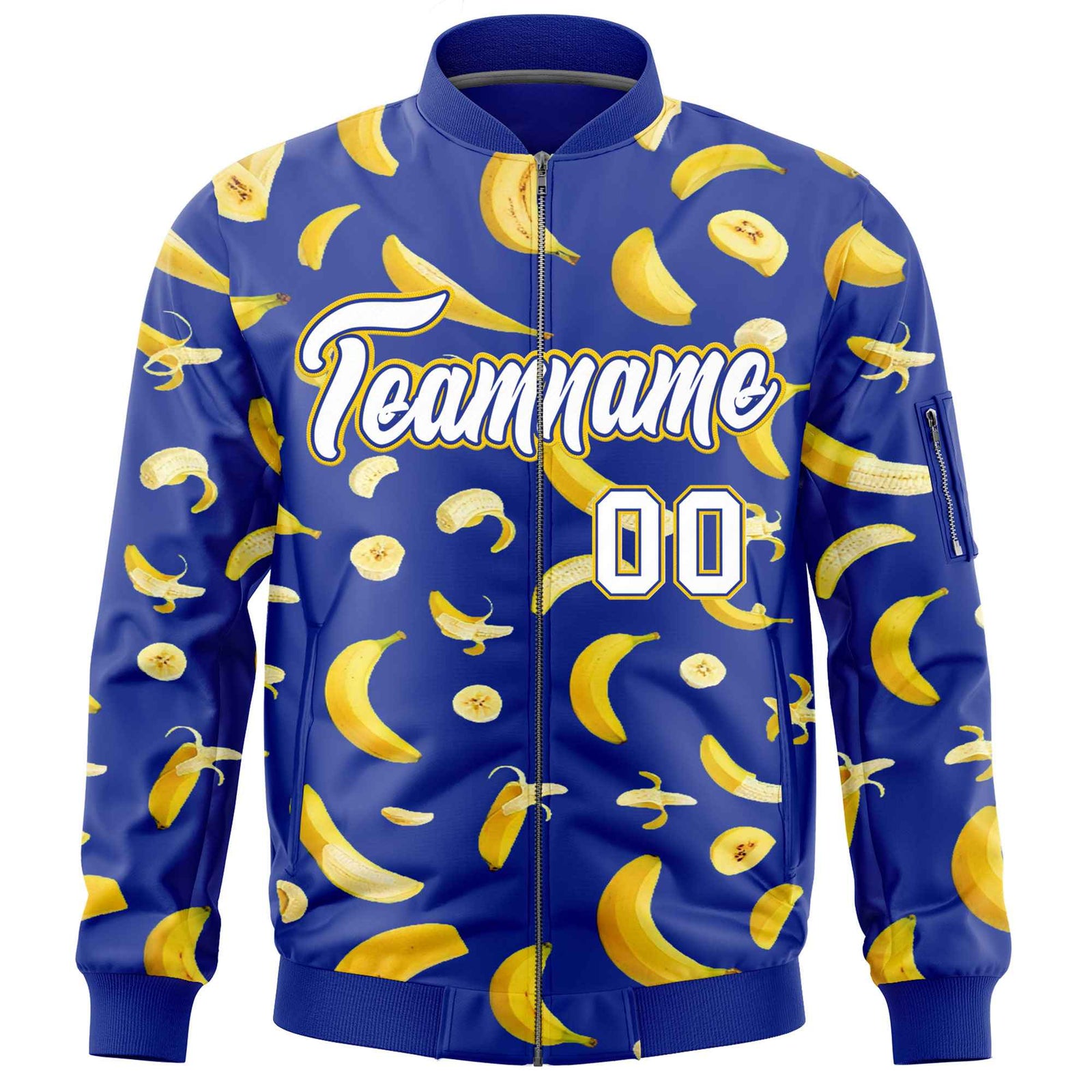 Custom Royal Blue Varsity Full-Zip Banana Pattern Letterman Bomber Jacket | Graffiti Pattern | Embroidery&Dye-sublimation printing | KXKSHOP