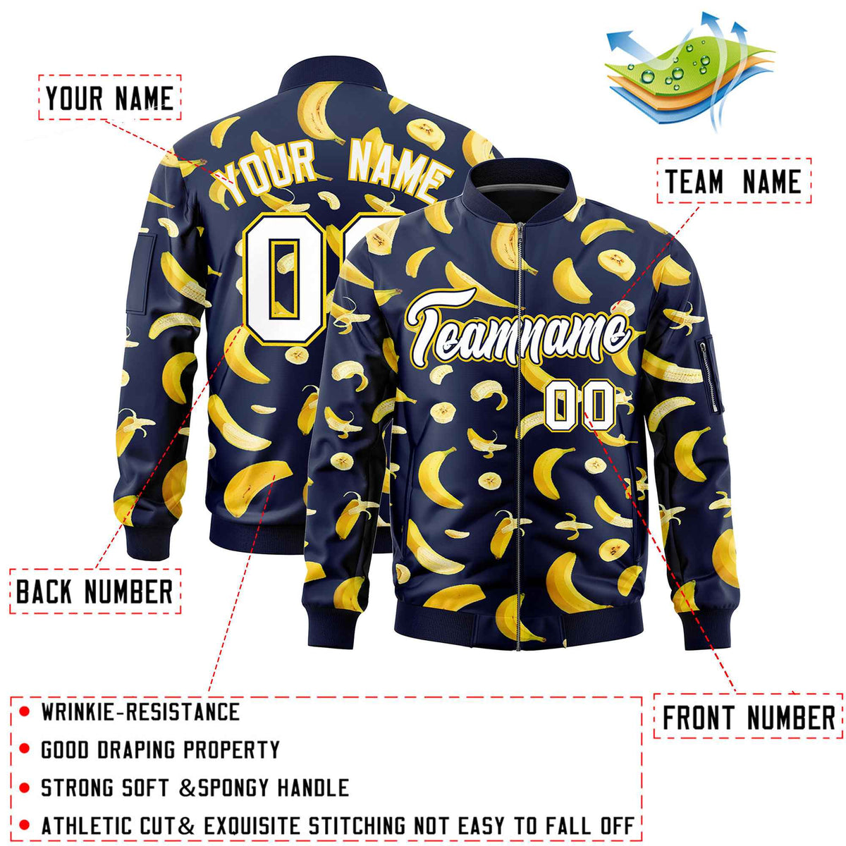 Custom Navy Varsity Full-Zip Banana Pattern Letterman Bomber Jacket | Graffiti Pattern | Embroidery&amp;Dye-sublimation printing | KXKSHOP