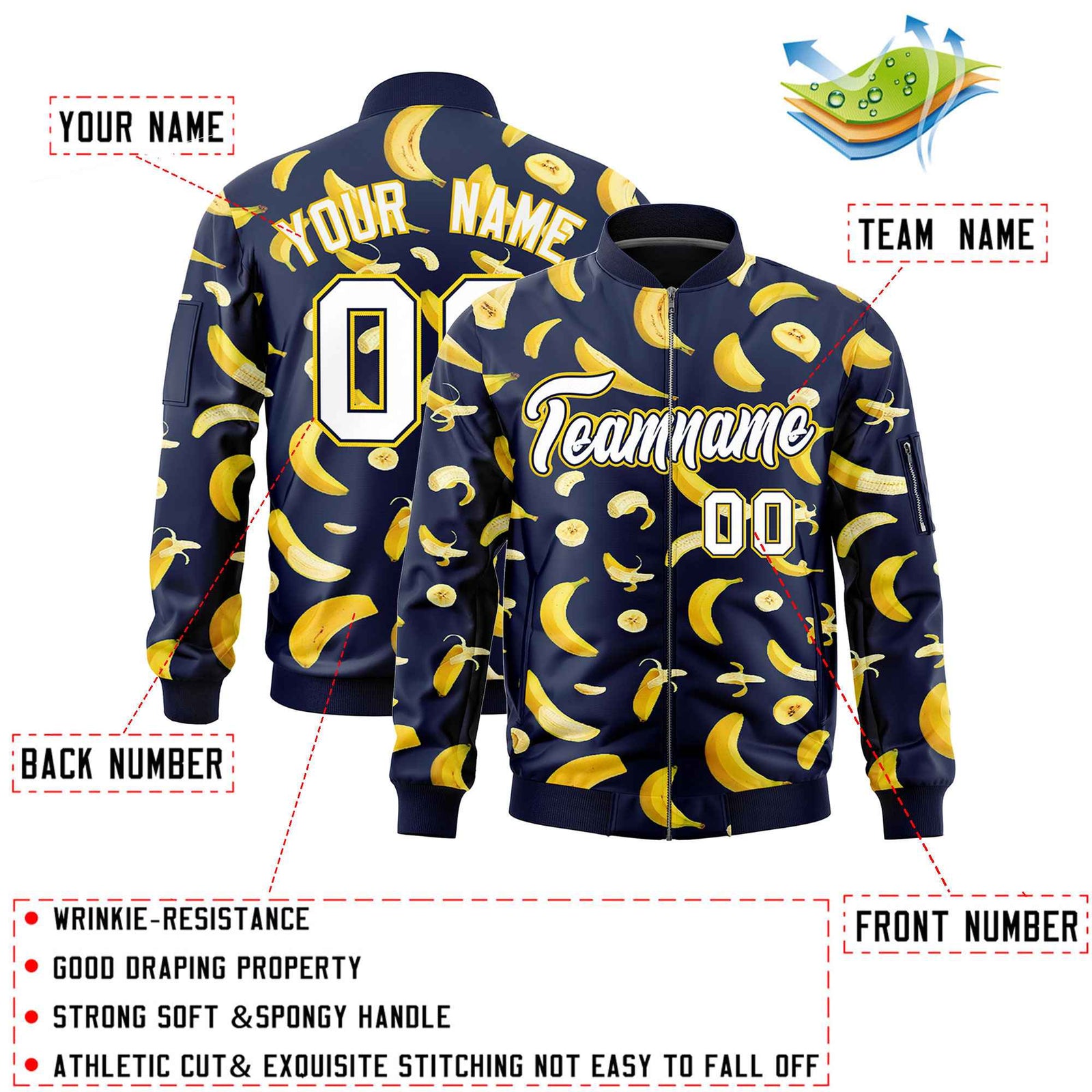 Custom Navy Varsity Full-Zip Banana Pattern Letterman Bomber Jacket | Graffiti Pattern | Embroidery&Dye-sublimation printing | KXKSHOP