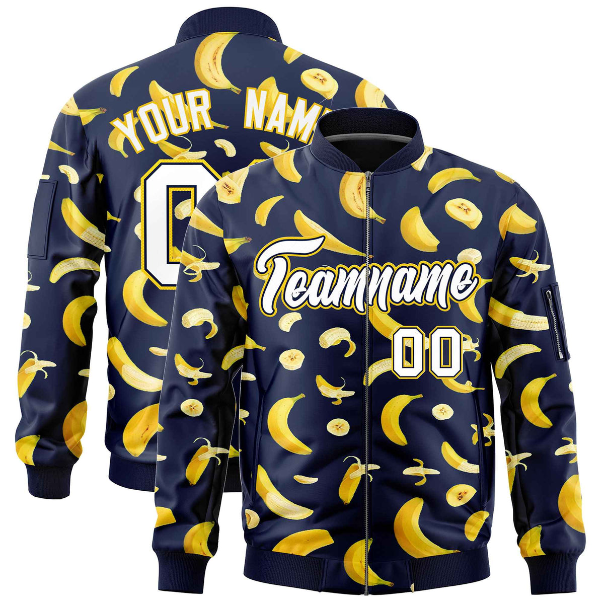 Custom Navy Varsity Full-Zip Banana Pattern Letterman Bomber Jacket | Graffiti Pattern | Embroidery&amp;Dye-sublimation printing | KXKSHOP