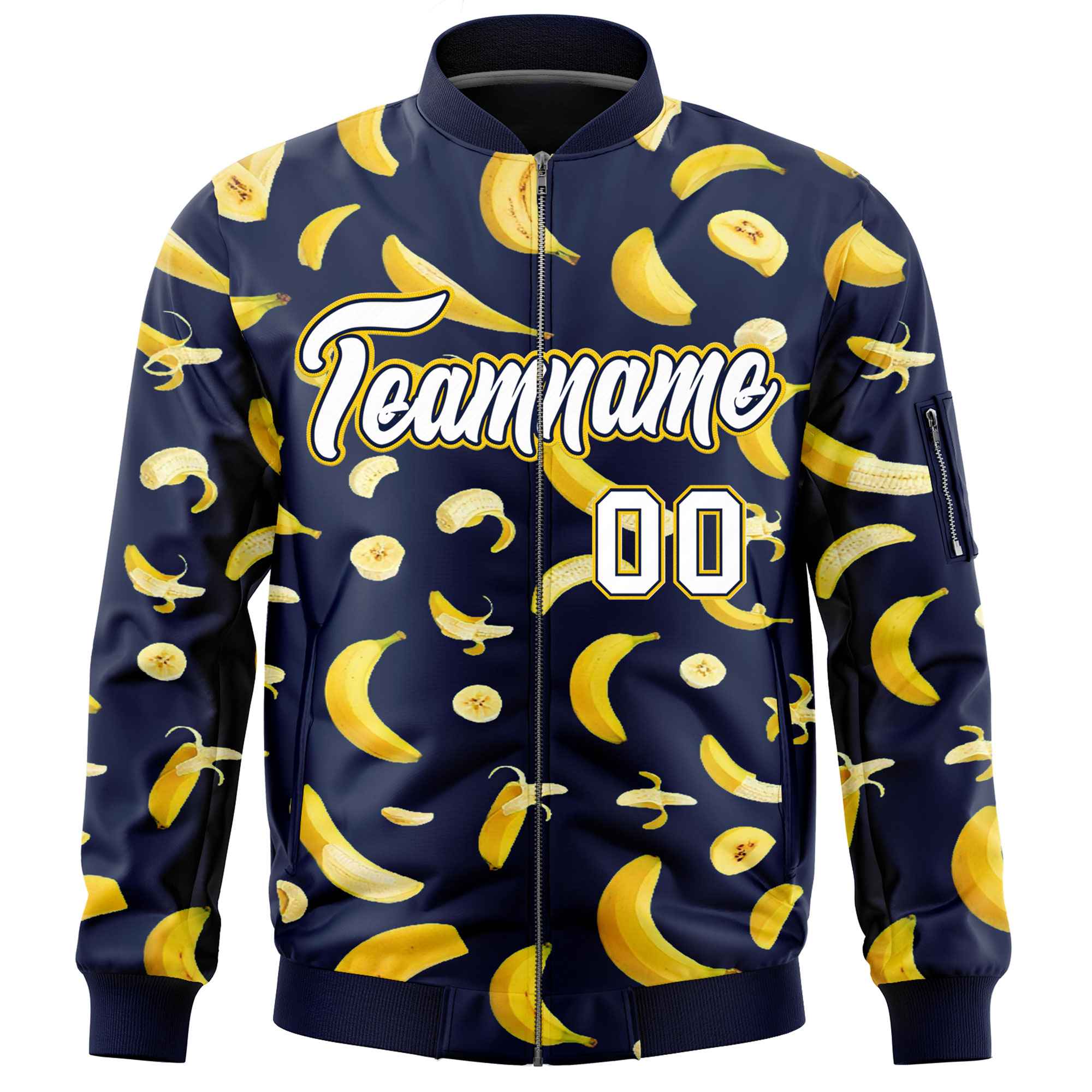 Custom Navy Varsity Full-Zip Banana Pattern Letterman Bomber Jacket | Graffiti Pattern | Embroidery&Dye-sublimation printing | KXKSHOP