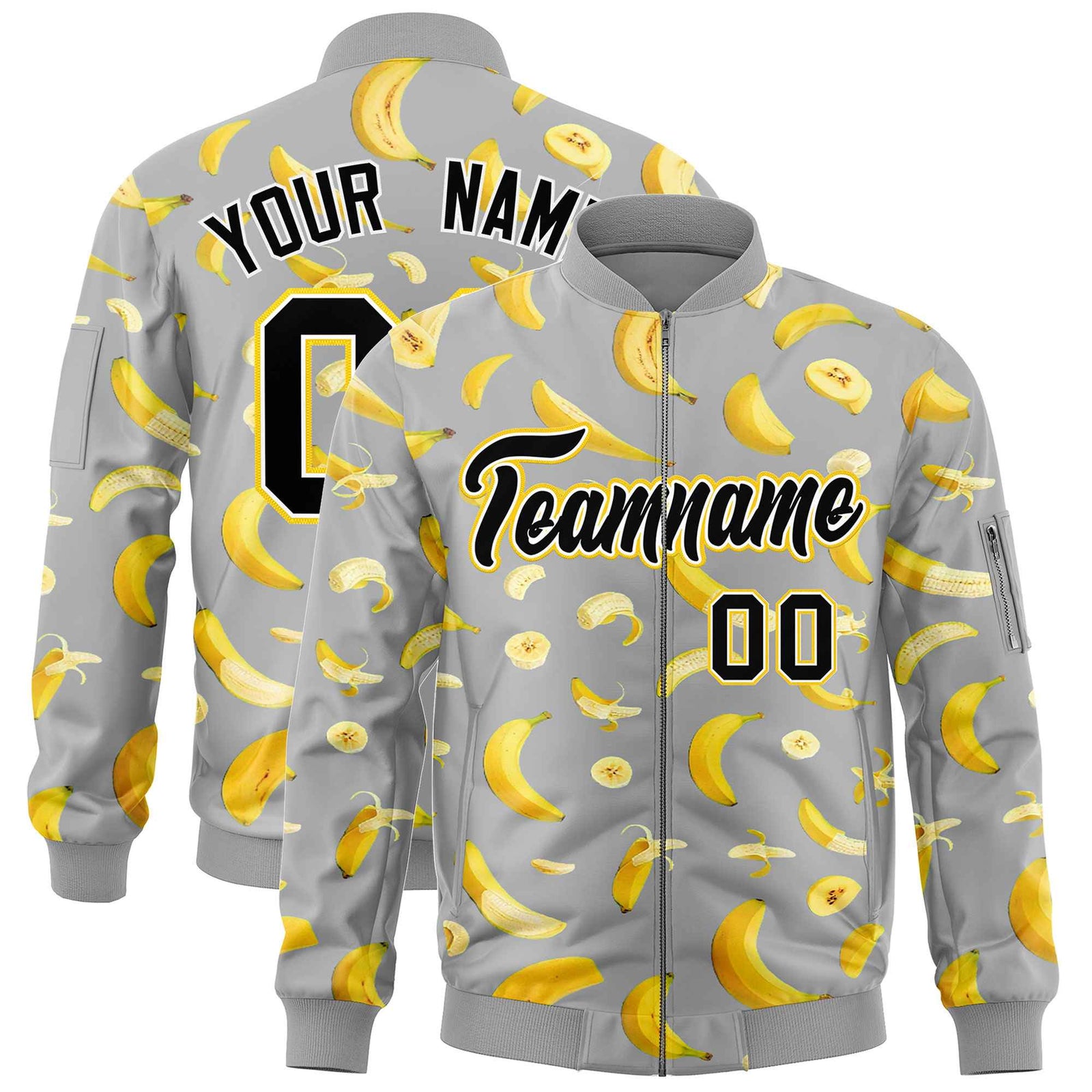 Custom Gray Varsity Full-Zip Banana Pattern Letterman Bomber Jacket | Graffiti Pattern | Embroidery&Dye-sublimation printing | KXKSHOP