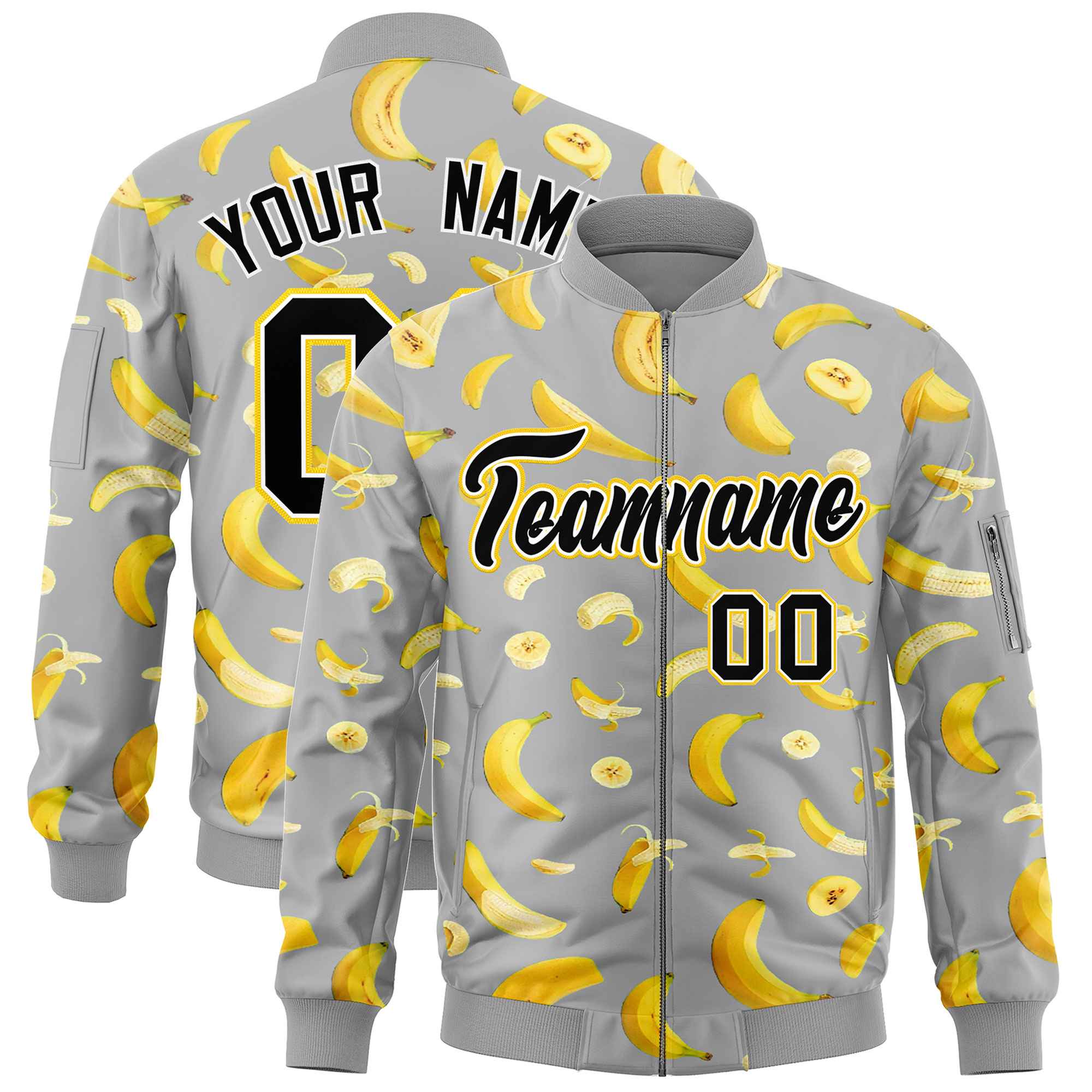 Custom Gray Varsity Full-Zip Banana Pattern Letterman Bomber Jacket | Graffiti Pattern | Embroidery&Dye-sublimation printing | KXKSHOP