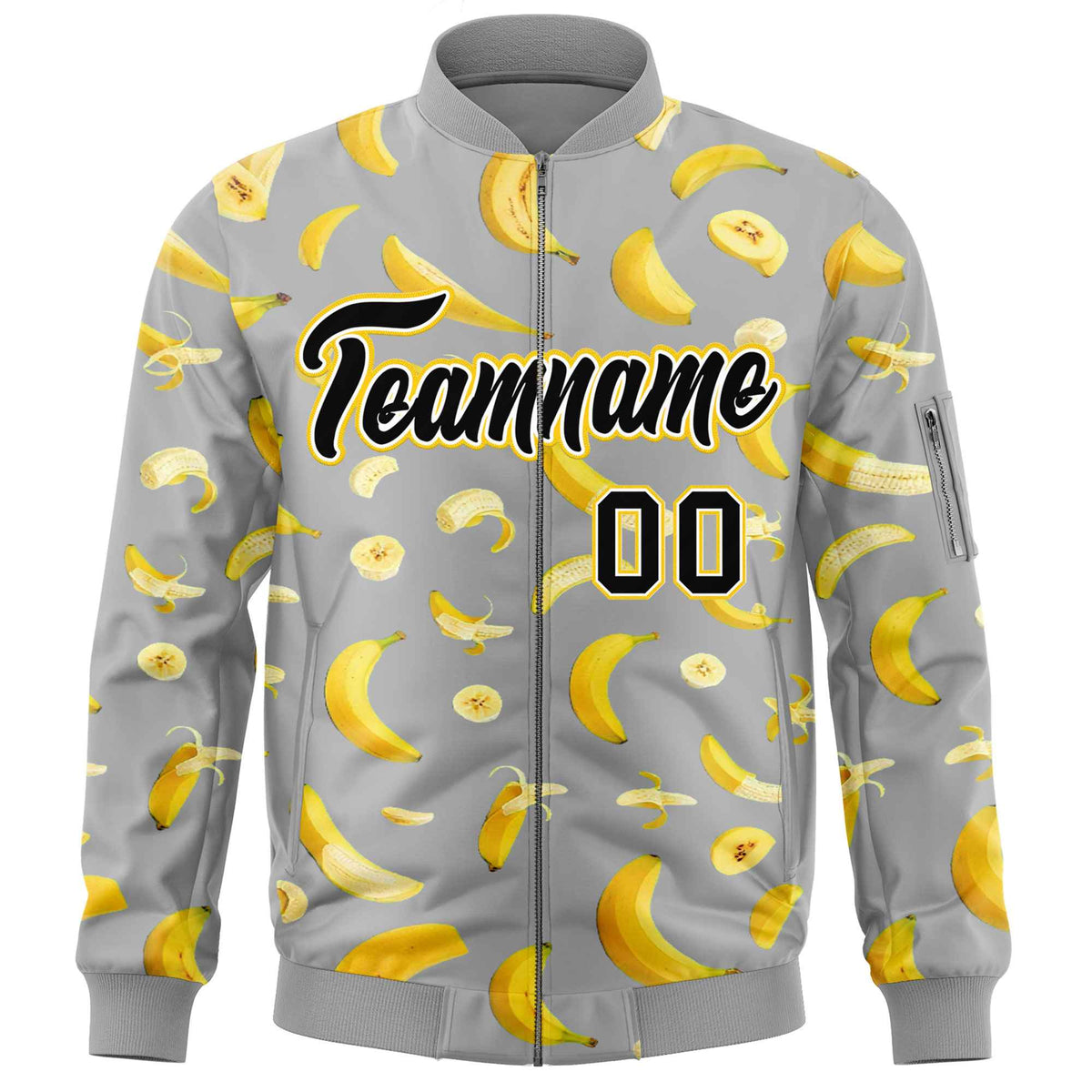 Custom Gray Varsity Full-Zip Banana Pattern Letterman Bomber Jacket | Graffiti Pattern | Embroidery&amp;Dye-sublimation printing | KXKSHOP