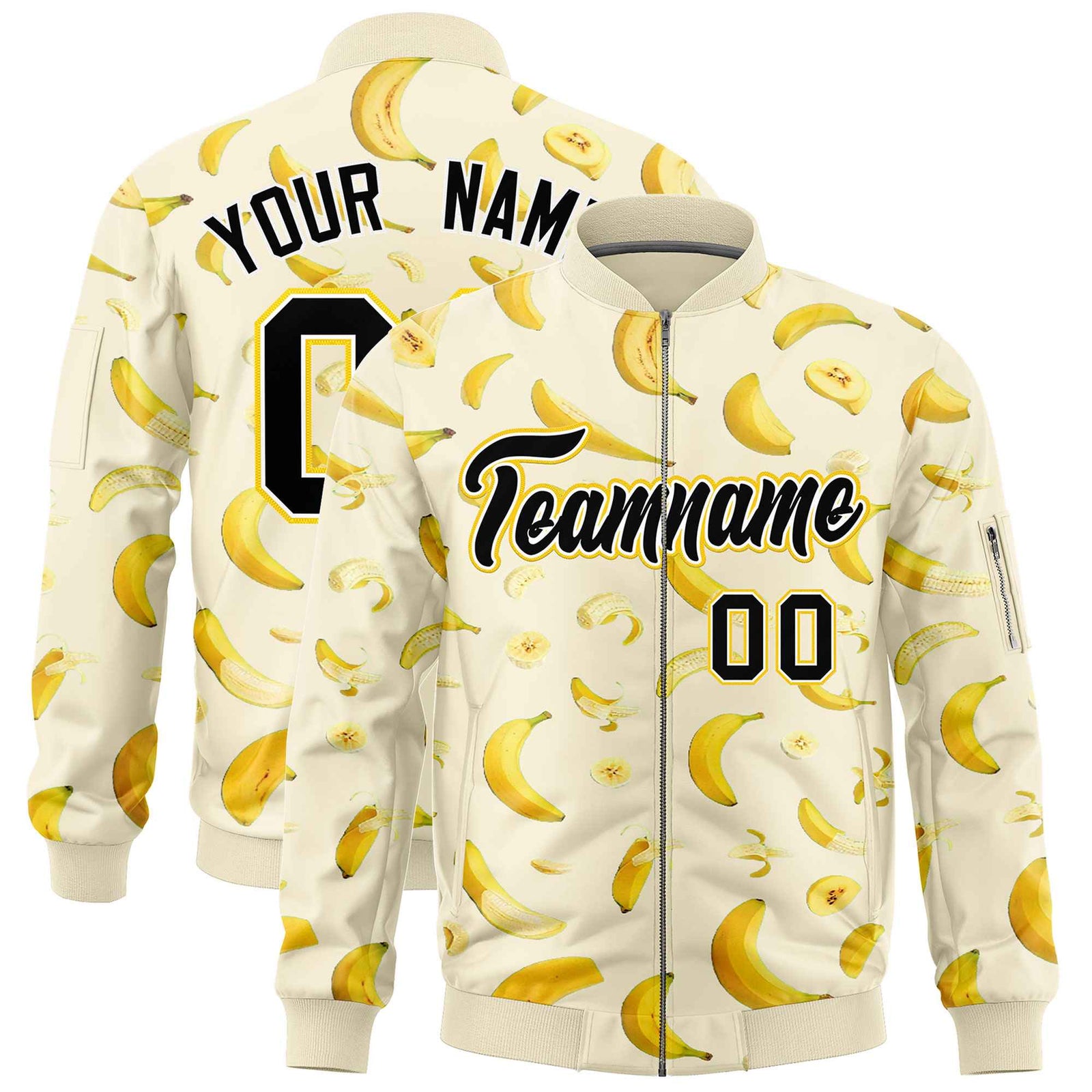 Custom Cream Varsity Full-Zip Banana Pattern Letterman Bomber Jacket | Graffiti Pattern | Embroidery&Dye-sublimation printing | KXKSHOP
