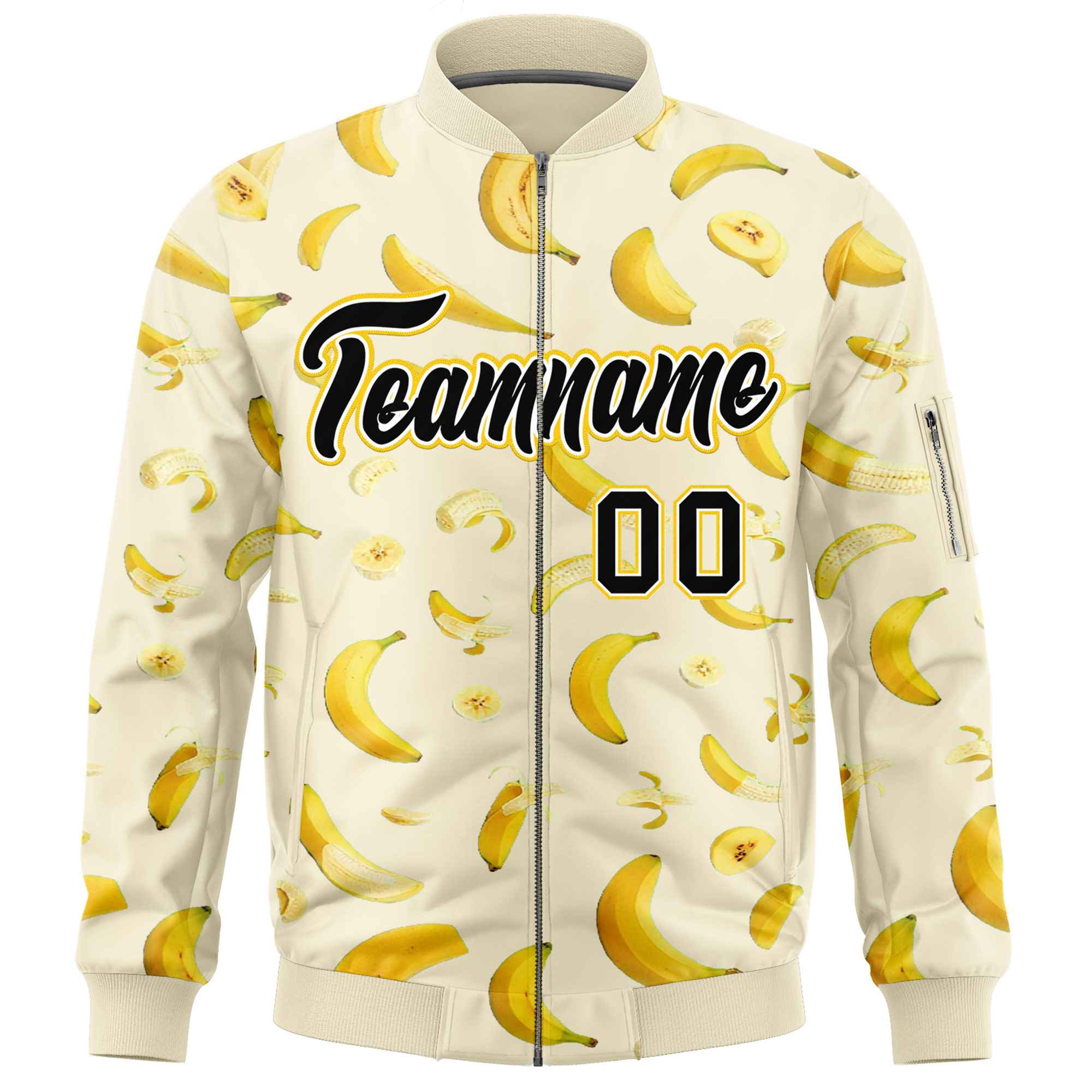 Custom Cream Varsity Full-Zip Banana Pattern Letterman Bomber Jacket | Graffiti Pattern | Embroidery&Dye-sublimation printing | KXKSHOP