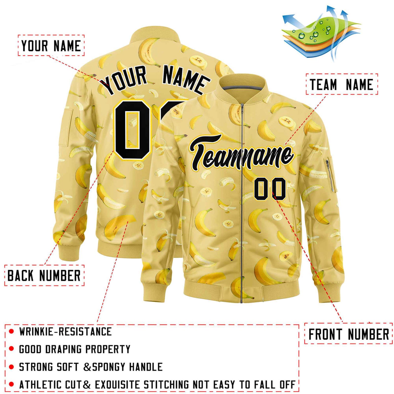 Custom Old Gold Varsity Full-Zip Banana Pattern Letterman Bomber Jacket | Graffiti Pattern | Embroidery&Dye-sublimation printing | KXKSHOP
