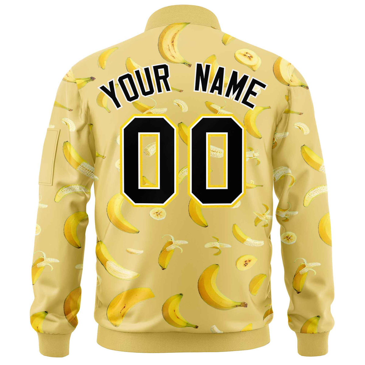 Custom Old Gold Varsity Full-Zip Banana Pattern Letterman Bomber Jacket | Graffiti Pattern | Embroidery&amp;Dye-sublimation printing | KXKSHOP