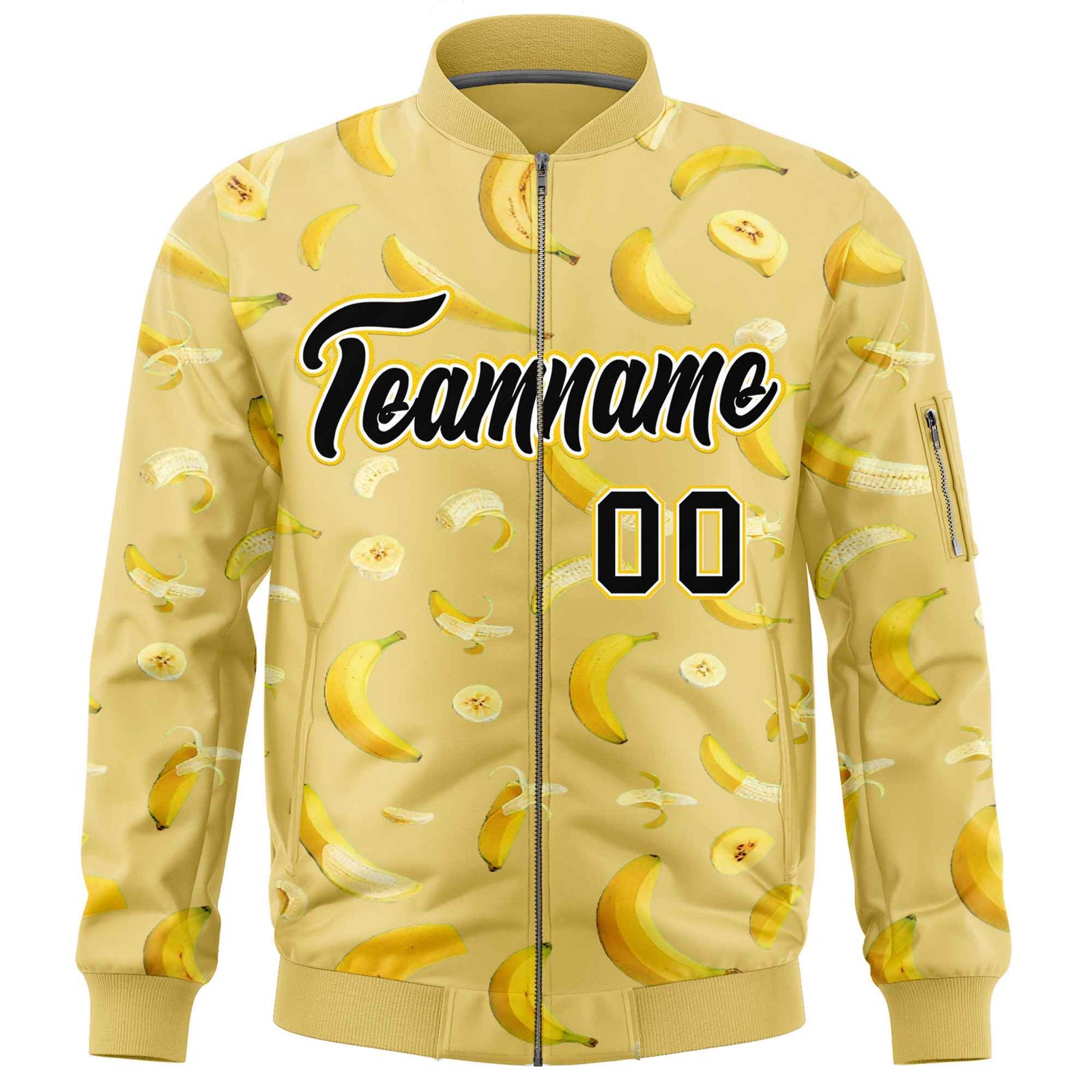Custom Old Gold Varsity Full-Zip Banana Pattern Letterman Bomber Jacket | Graffiti Pattern | Embroidery&Dye-sublimation printing | KXKSHOP