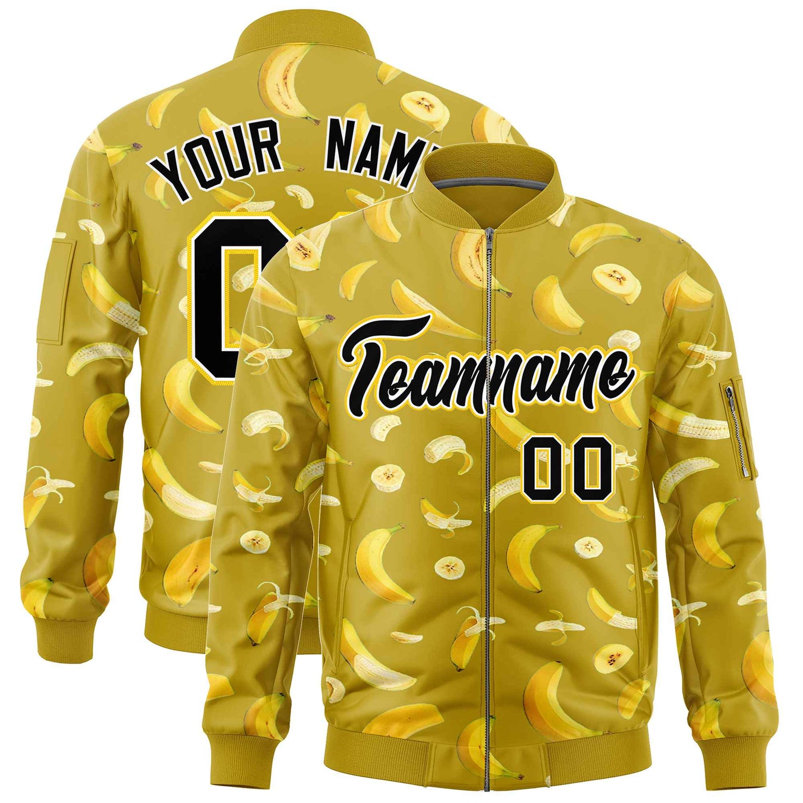 Custom Old Gold Varsity Full-Zip Banana Pattern Letterman Bomber Jacket | Graffiti Pattern | Embroidery&Dye-sublimation printing | KXKSHOP