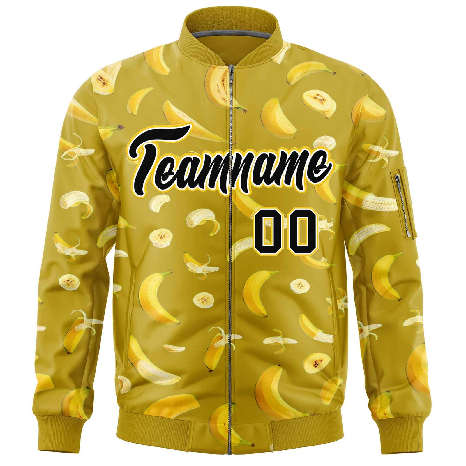 Custom Old Gold Varsity Full-Zip Banana Pattern Letterman Bomber Jacket | Graffiti Pattern | Embroidery&Dye-sublimation printing | KXKSHOP