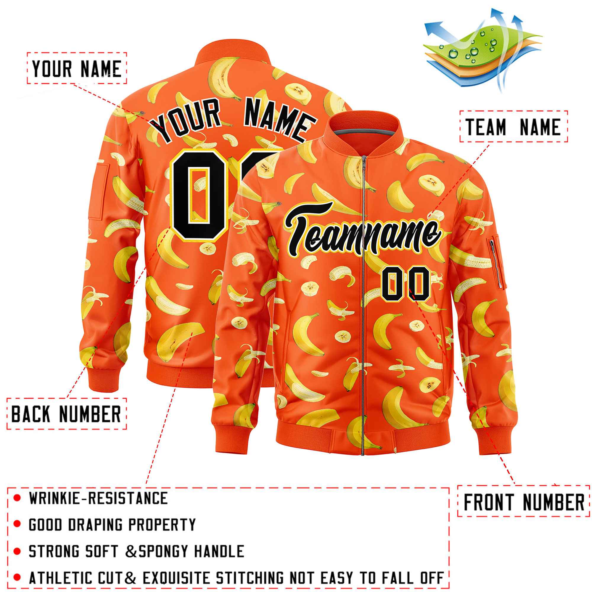 Custom Orange Varsity Full-Zip Banana Pattern Letterman Bomber Jacket | Graffiti Pattern | Embroidery&Dye-sublimation printing | KXKSHOP