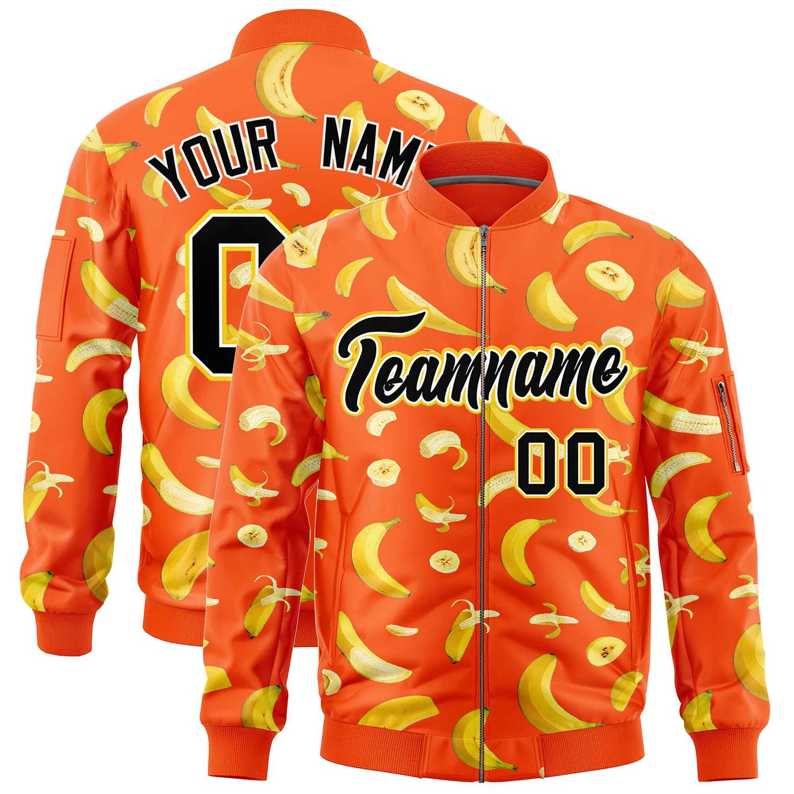 Custom Orange Varsity Full-Zip Banana Pattern Letterman Bomber Jacket | Graffiti Pattern | Embroidery&Dye-sublimation printing | KXKSHOP