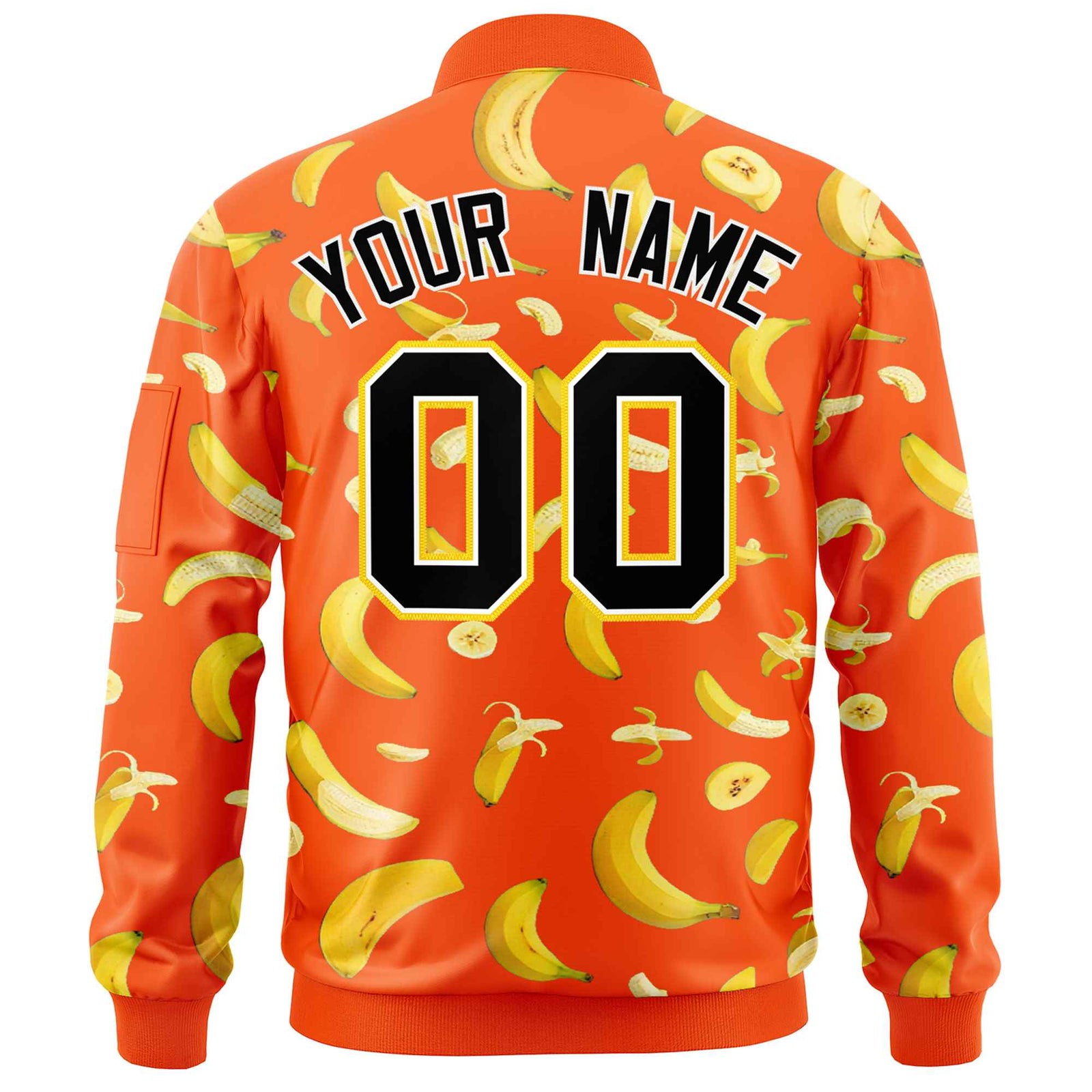 Custom Orange Varsity Full-Zip Banana Pattern Letterman Bomber Jacket | Graffiti Pattern | Embroidery&Dye-sublimation printing | KXKSHOP