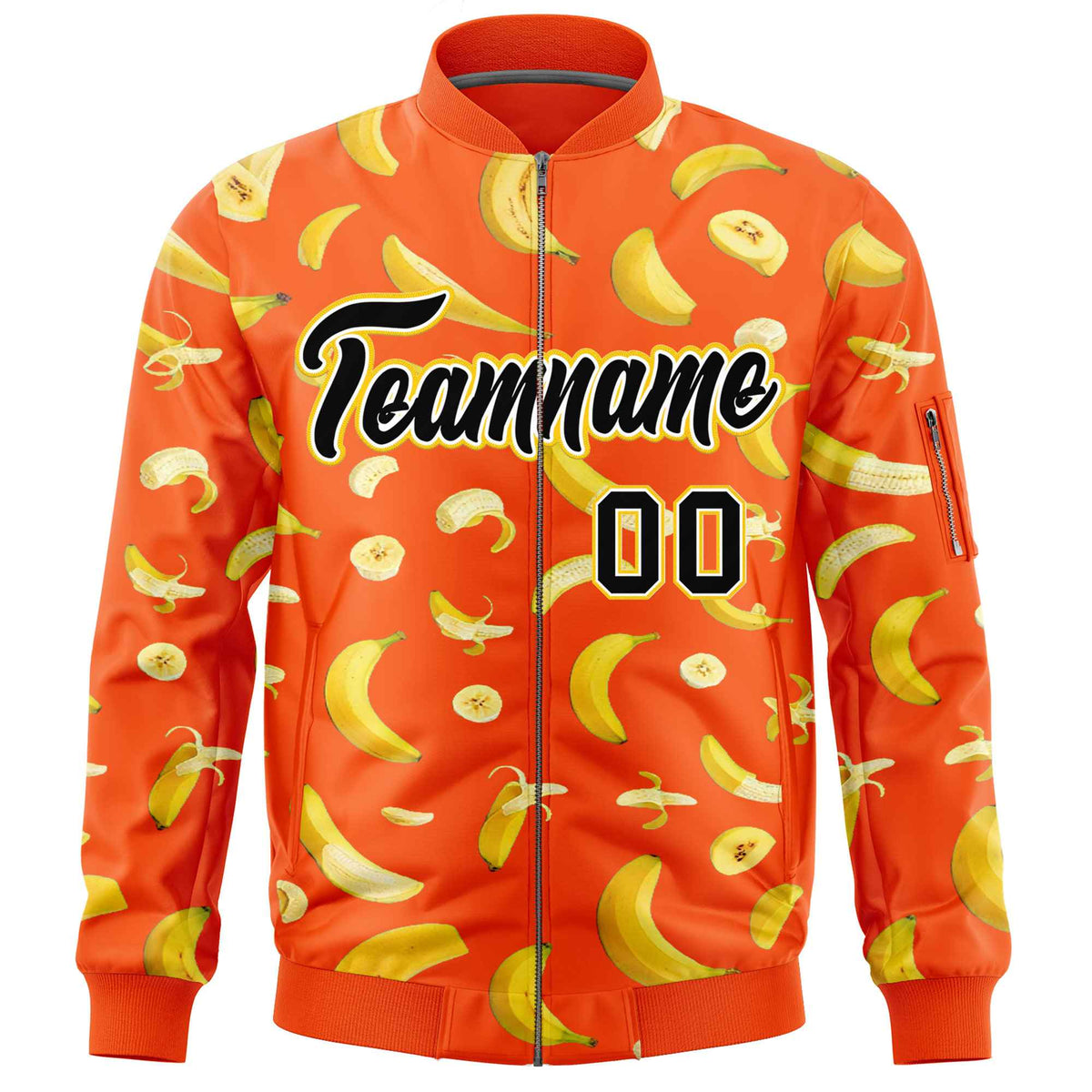 Custom Orange Varsity Full-Zip Banana Pattern Letterman Bomber Jacket | Graffiti Pattern | Embroidery&amp;Dye-sublimation printing | KXKSHOP