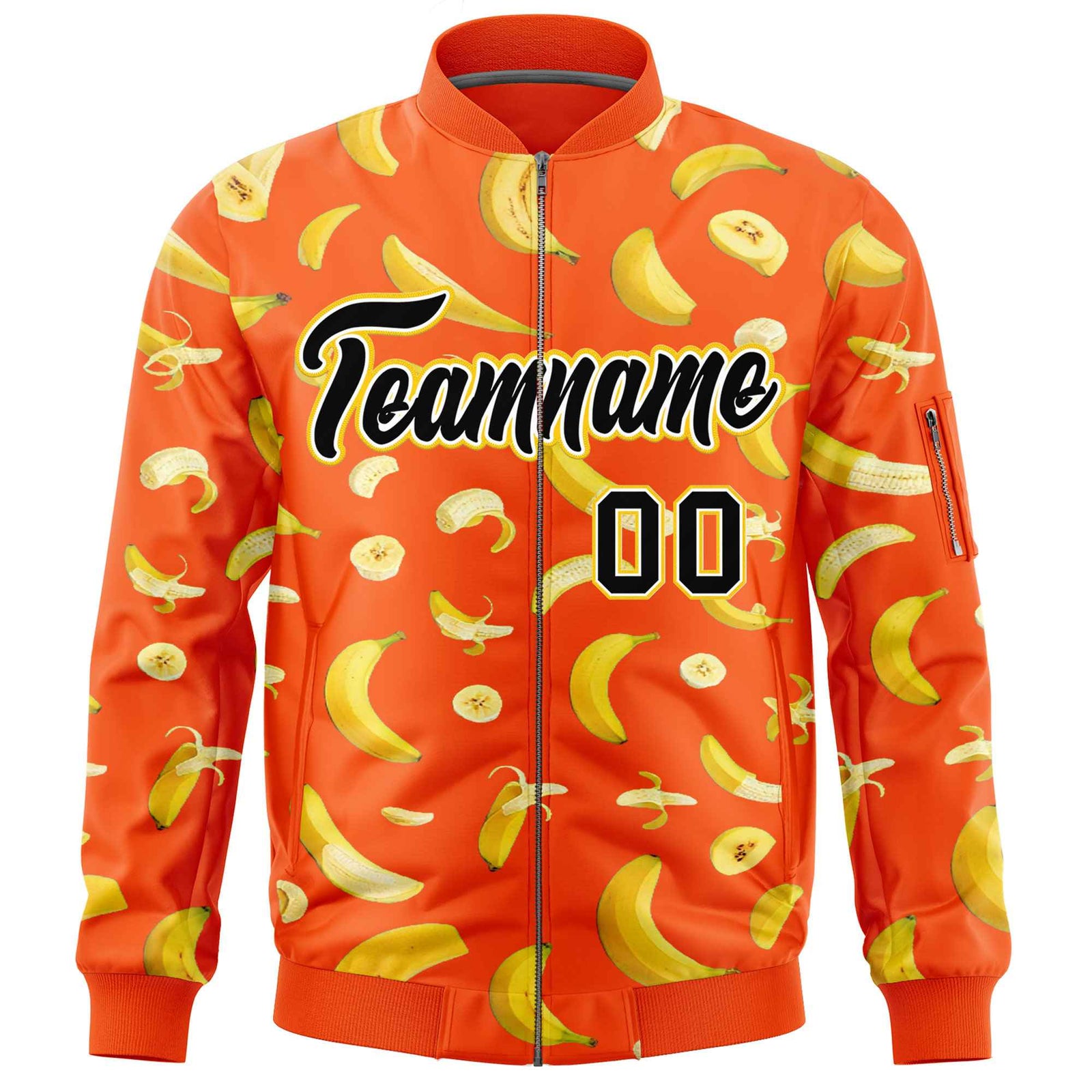 Custom Orange Varsity Full-Zip Banana Pattern Letterman Bomber Jacket | Graffiti Pattern | Embroidery&Dye-sublimation printing | KXKSHOP