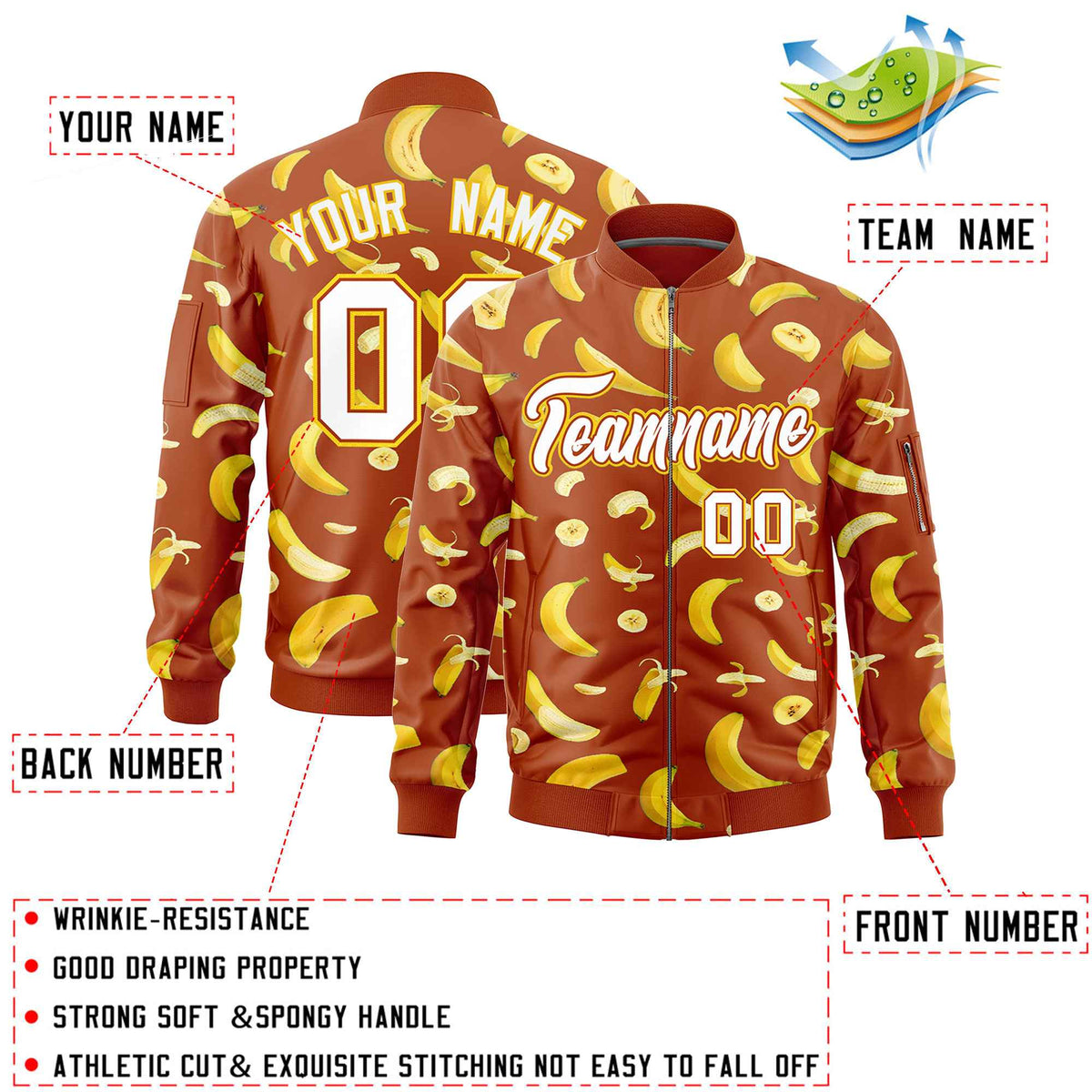 Custom Dark Orange Varsity Full-Zip Banana Pattern Letterman Bomber Jacket | Graffiti Pattern | Embroidery&amp;Dye-sublimation printing | KXKSHOP