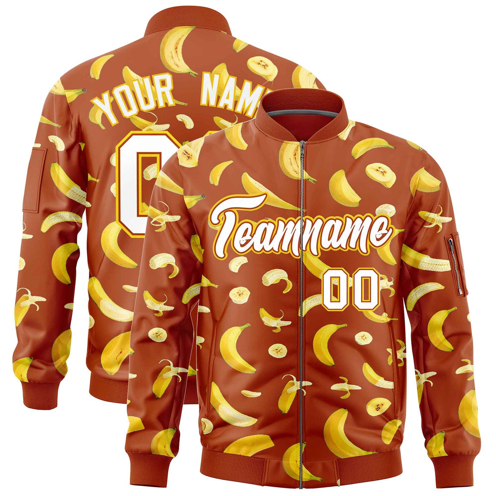 Custom Dark Orange Varsity Full-Zip Banana Pattern Letterman Bomber Jacket | Graffiti Pattern | Embroidery&Dye-sublimation printing | KXKSHOP