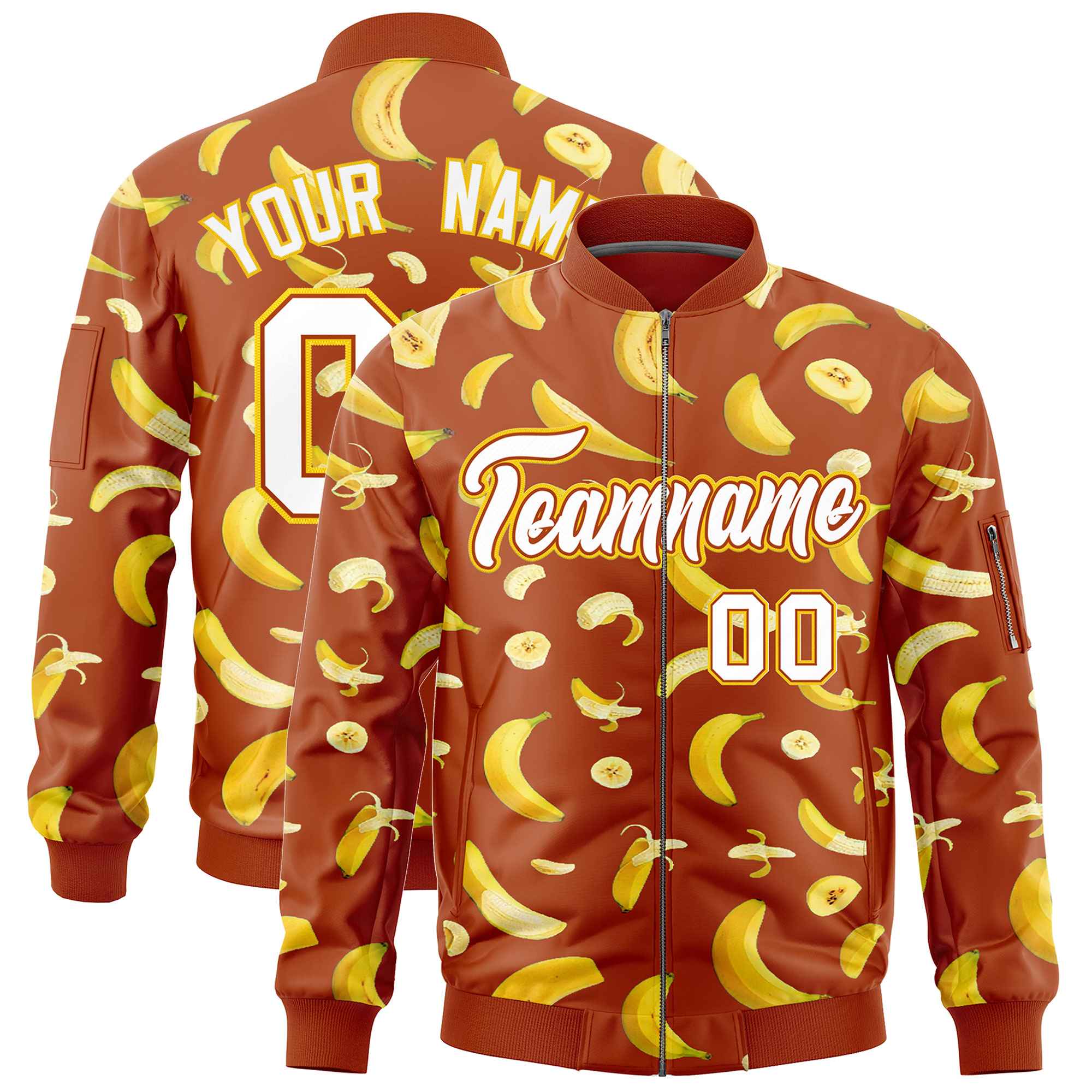 Custom Dark Orange Varsity Full-Zip Banana Pattern Letterman Bomber Jacket | Graffiti Pattern | Embroidery&Dye-sublimation printing | KXKSHOP