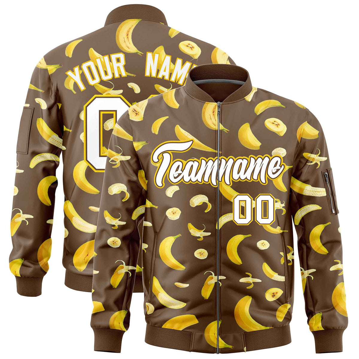 Custom Light Brown Varsity Full-Zip Banana Pattern Letterman Bomber Jacket | Graffiti Pattern | Embroidery&amp;Dye-sublimation printing | KXKSHOP