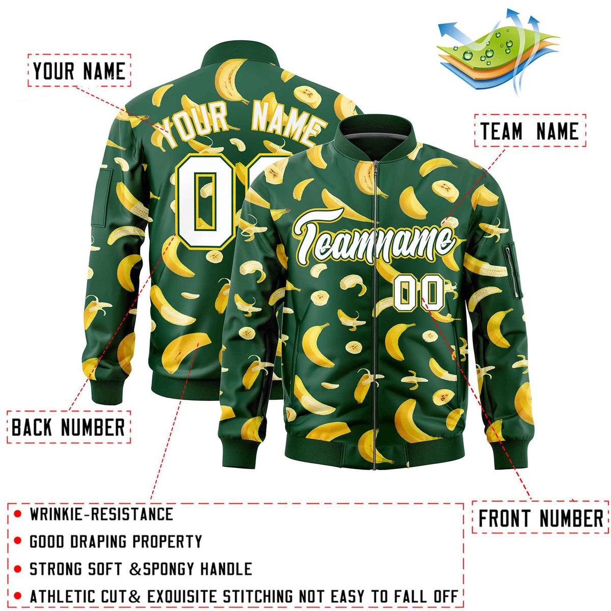 Custom Green Varsity Full-Zip Banana Pattern Letterman Bomber Jacket | Graffiti Pattern | Embroidery&amp;Dye-sublimation printing | KXKSHOP