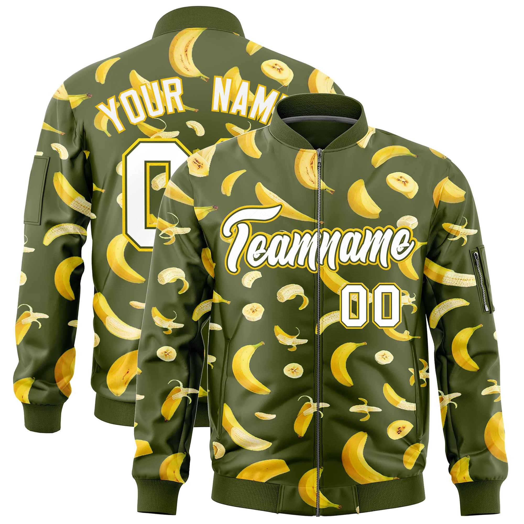 Custom Olive Varsity Full-Zip Banana Pattern Letterman Bomber Jacket | Graffiti Pattern | Embroidery&Dye-sublimation printing | KXKSHOP