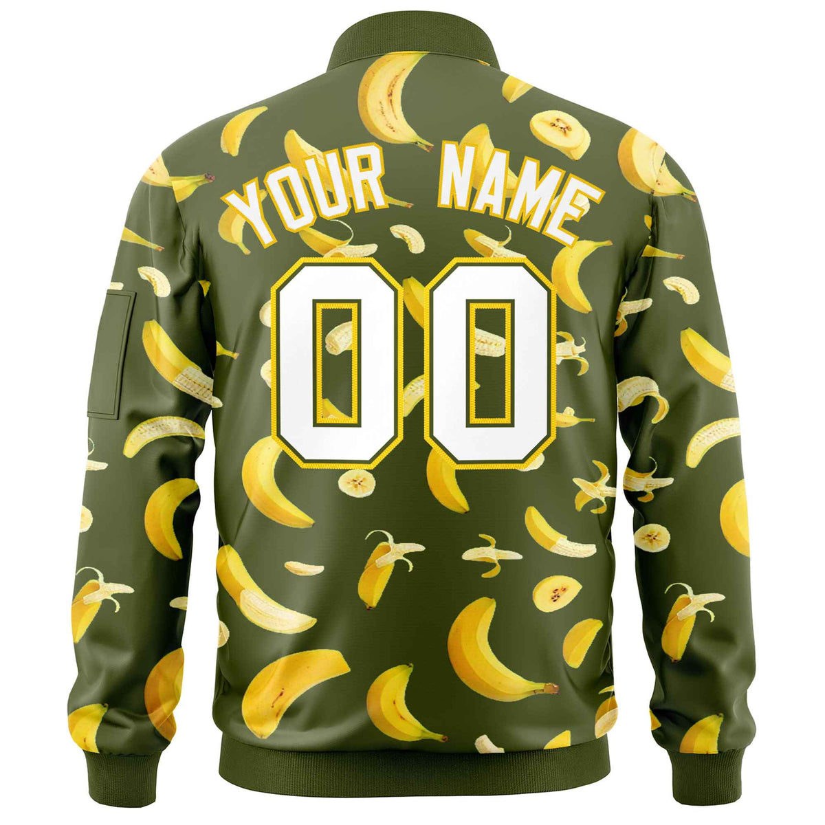 Custom Olive Varsity Full-Zip Banana Pattern Letterman Bomber Jacket | Graffiti Pattern | Embroidery&amp;Dye-sublimation printing | KXKSHOP