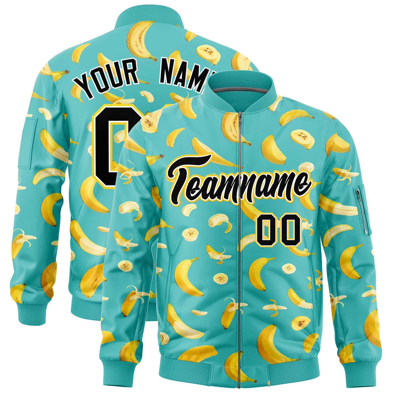 Custom Teal Varsity Full-Zip Banana Pattern Letterman Bomber Jacket | Graffiti Pattern | Embroidery&Dye-sublimation printing | KXKSHOP