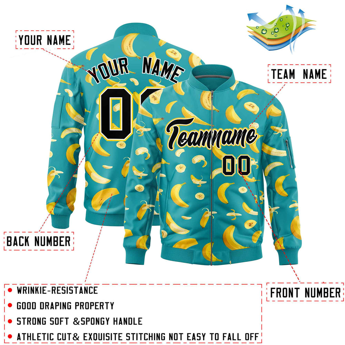 Custom Aqua Varsity Full-Zip Banana Pattern Letterman Bomber Jacket | Graffiti Pattern | Embroidery&amp;Dye-sublimation printing | KXKSHOP