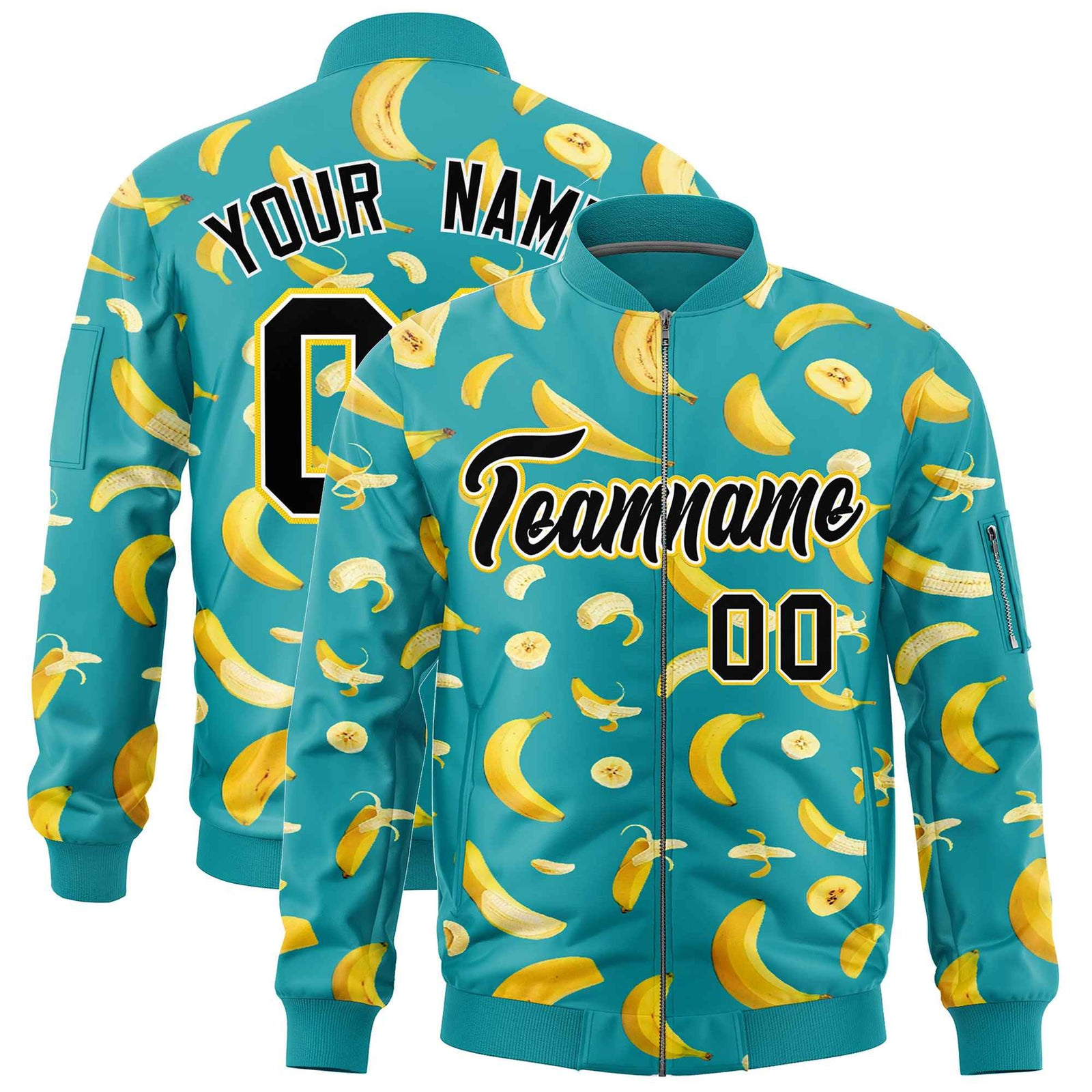Custom Aqua Varsity Full-Zip Banana Pattern Letterman Bomber Jacket | Graffiti Pattern | Embroidery&Dye-sublimation printing | KXKSHOP