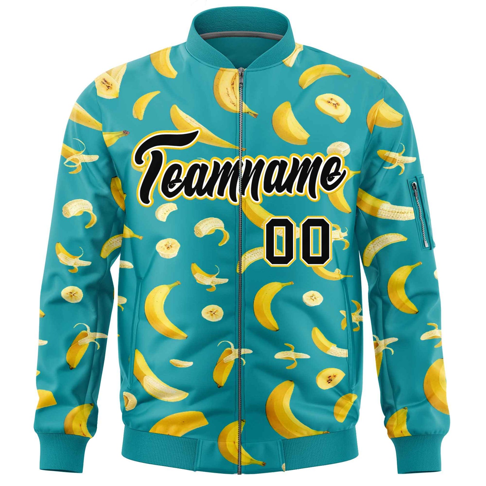 Custom Aqua Varsity Full-Zip Banana Pattern Letterman Bomber Jacket | Graffiti Pattern | Embroidery&Dye-sublimation printing | KXKSHOP