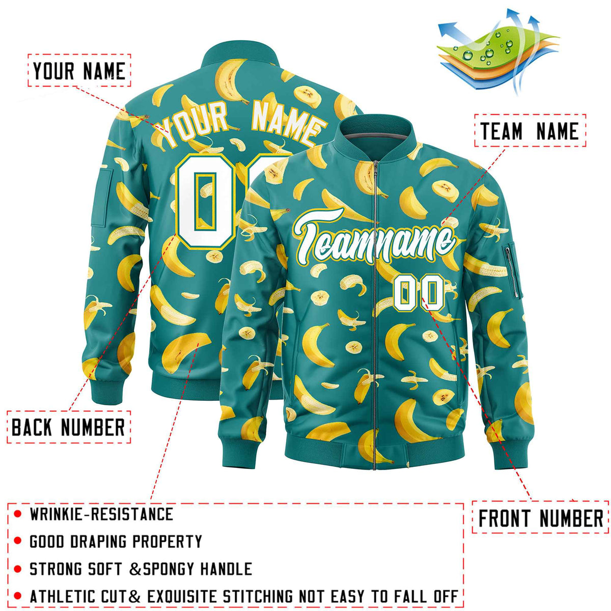 Custom Teal Varsity Full-Zip Banana Pattern Letterman Bomber Jacket | Graffiti Pattern | Embroidery&amp;Dye-sublimation printing | KXKSHOP