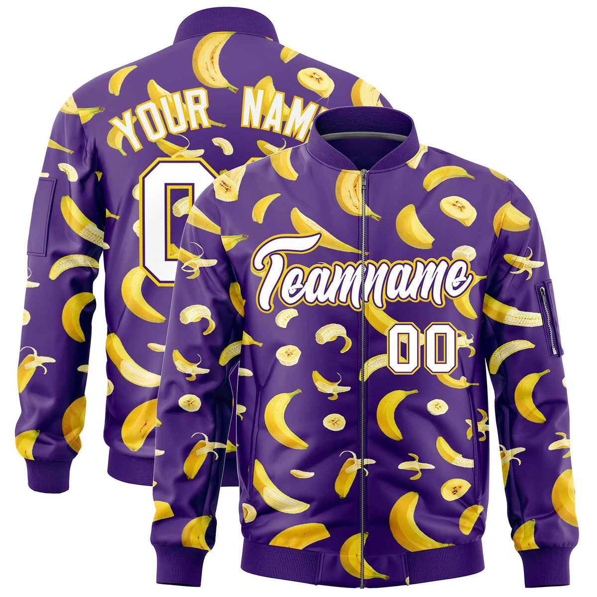 Custom Purple Varsity Full-Zip Banana Pattern Letterman Bomber Jacket | Graffiti Pattern | Embroidery&amp;Dye-sublimation printing | KXKSHOP