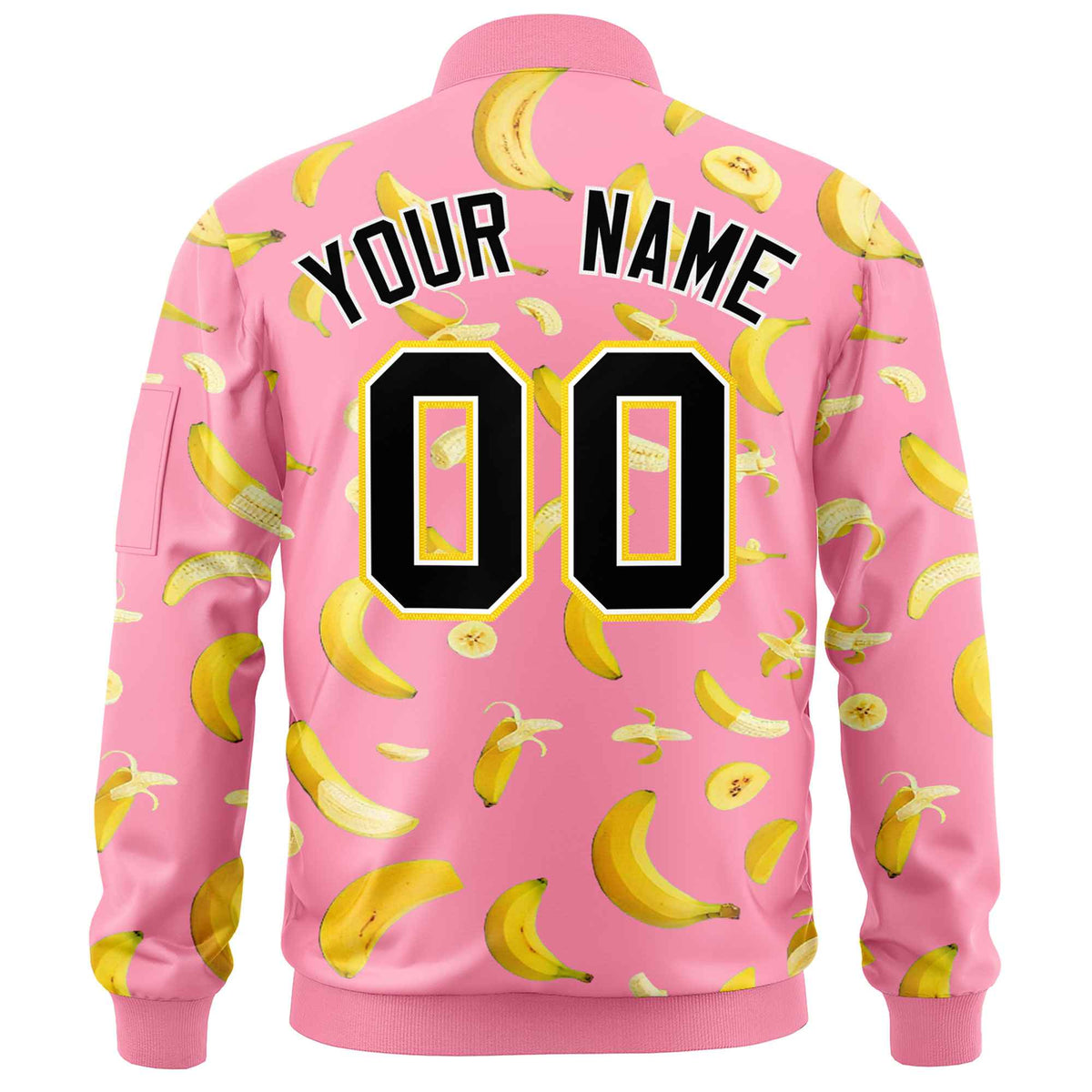 Custom Light Pink Varsity Full-Zip Banana Pattern Letterman Bomber Jacket | Graffiti Pattern | Embroidery&amp;Dye-sublimation printing | KXKSHOP