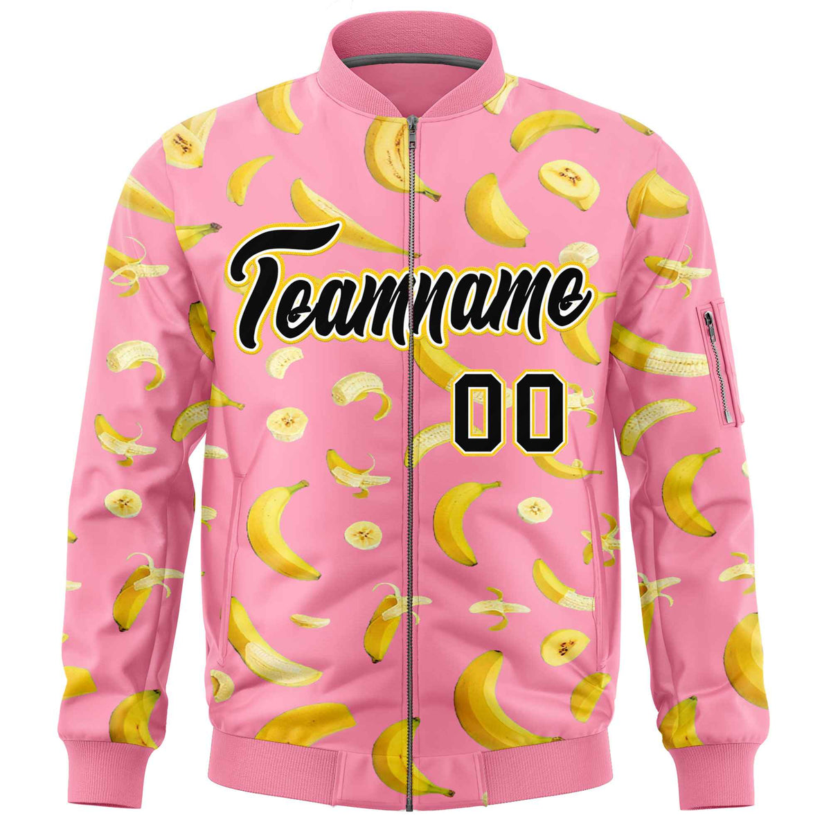 Custom Light Pink Varsity Full-Zip Banana Pattern Letterman Bomber Jacket | Graffiti Pattern | Embroidery&amp;Dye-sublimation printing | KXKSHOP