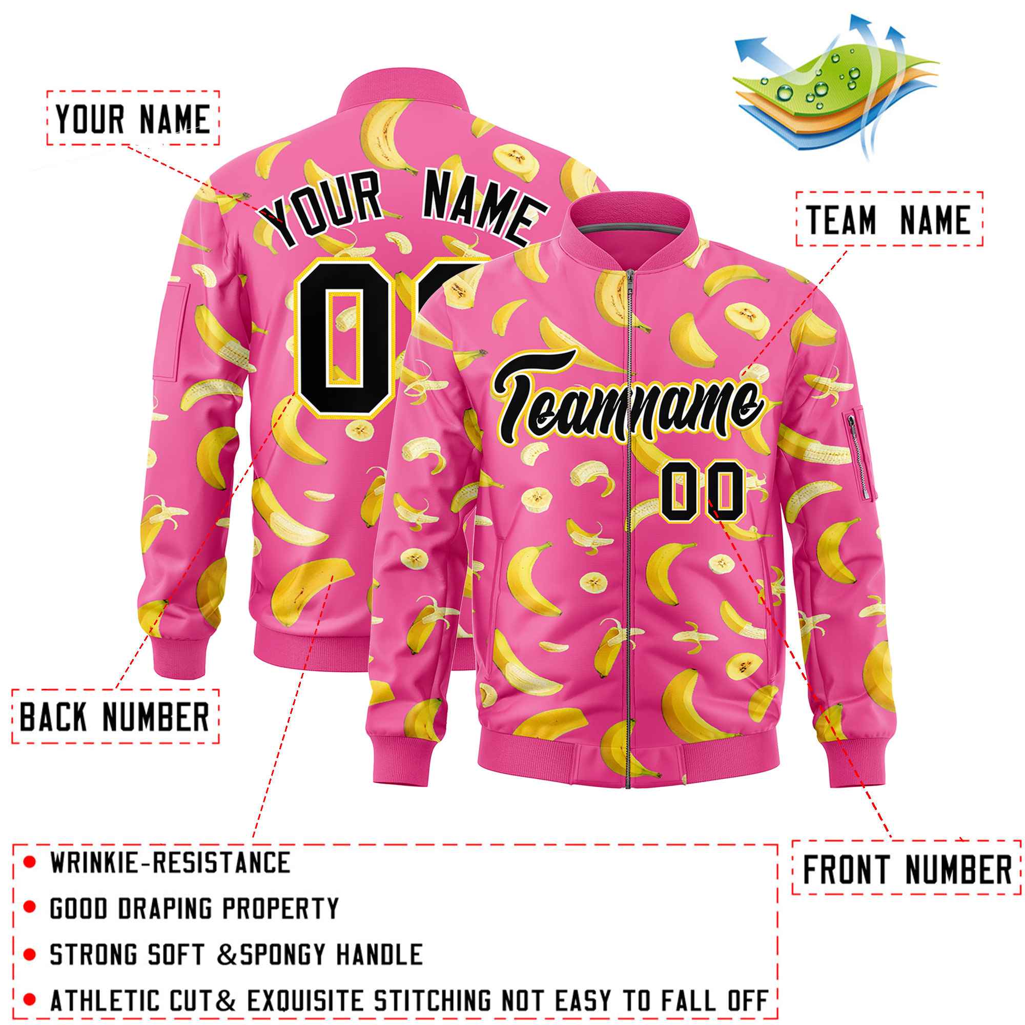 Custom Pink Varsity Full-Zip Banana Pattern Letterman Bomber Jacket | Graffiti Pattern | Embroidery&Dye-sublimation printing | KXKSHOP