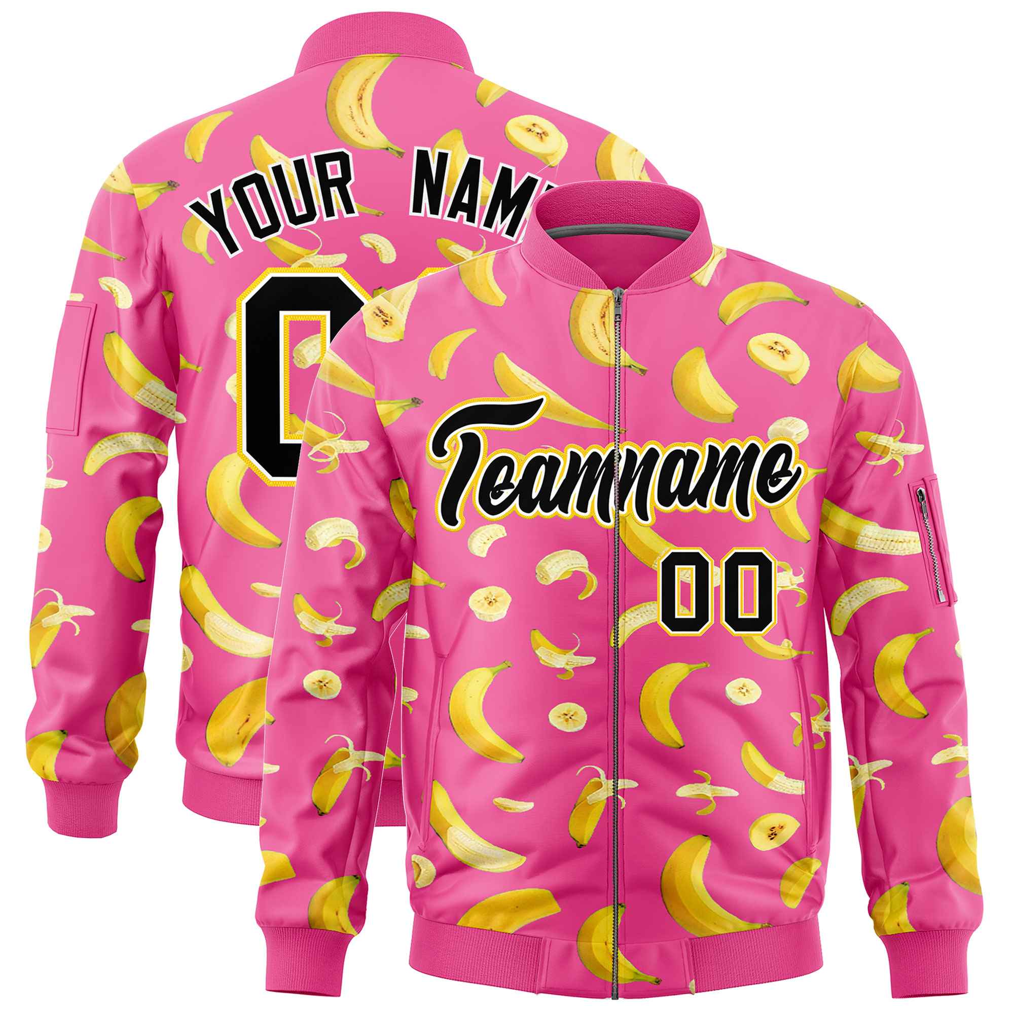 Custom Pink Varsity Full-Zip Banana Pattern Letterman Bomber Jacket | Graffiti Pattern | Embroidery&Dye-sublimation printing | KXKSHOP