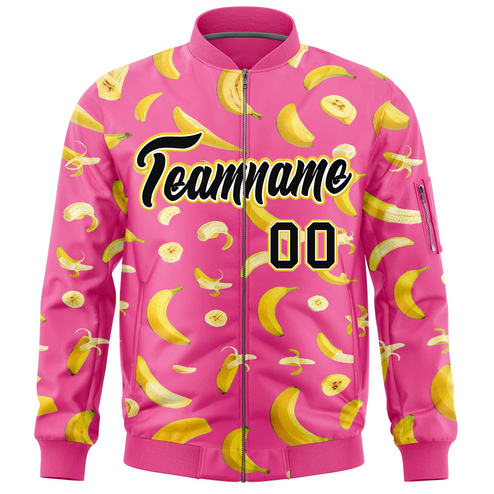 Custom Pink Varsity Full-Zip Banana Pattern Letterman Bomber Jacket | Graffiti Pattern | Embroidery&Dye-sublimation printing | KXKSHOP